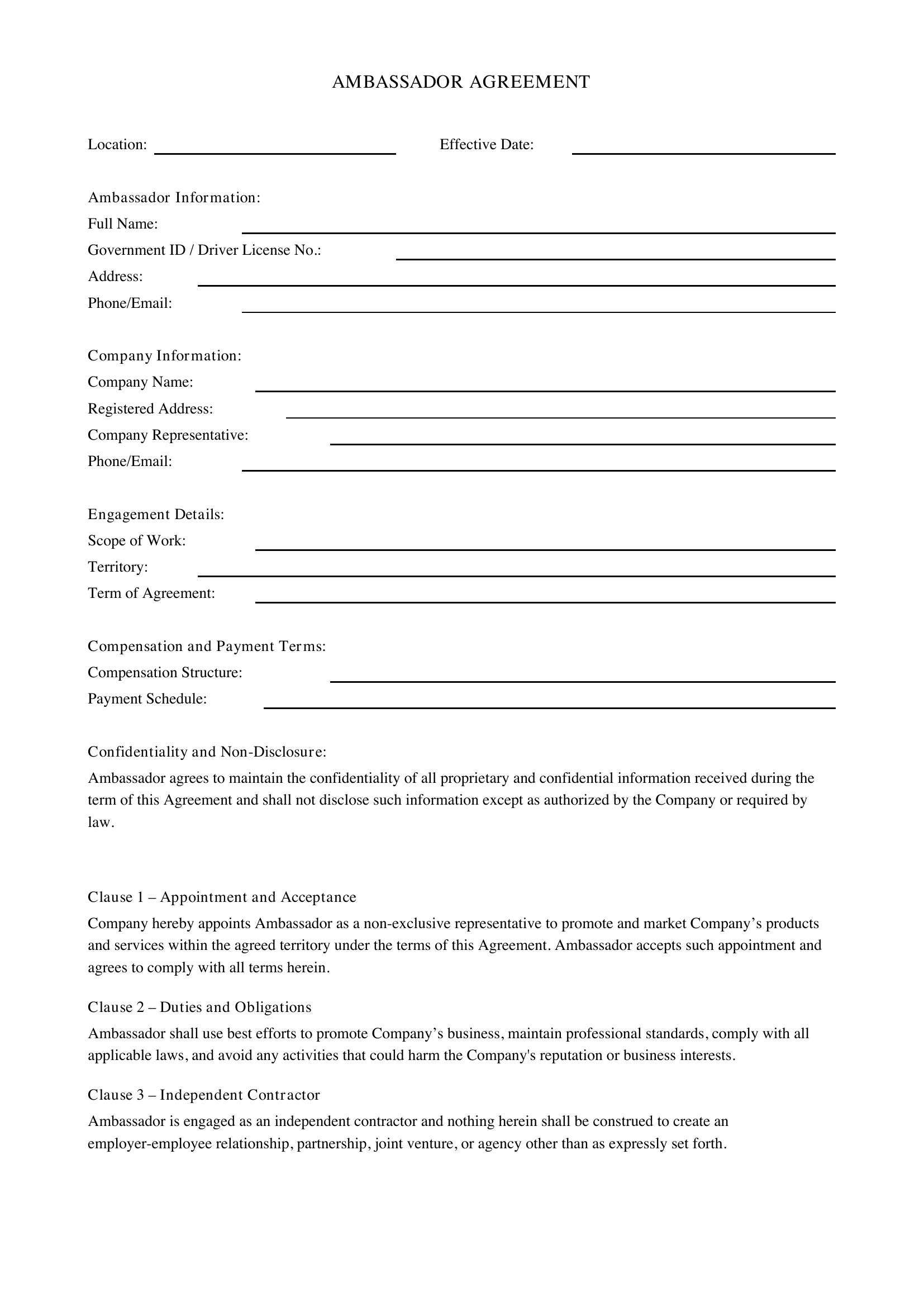 Ambassador Contract Template - US