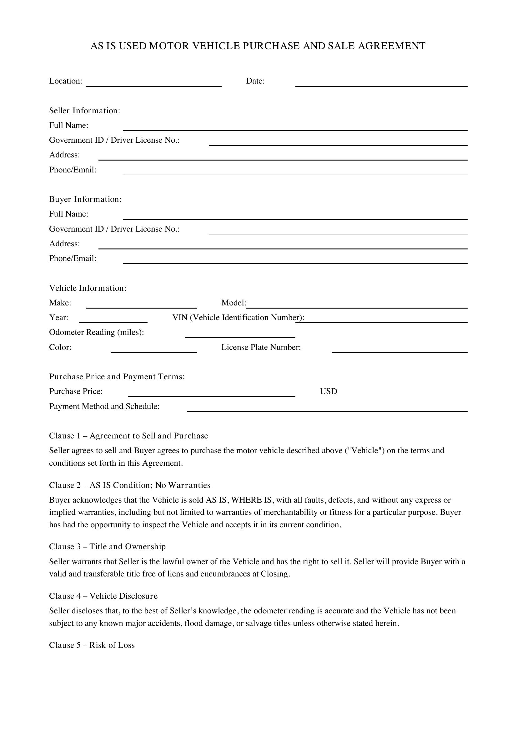 As Is Car Sale Contract Template - US