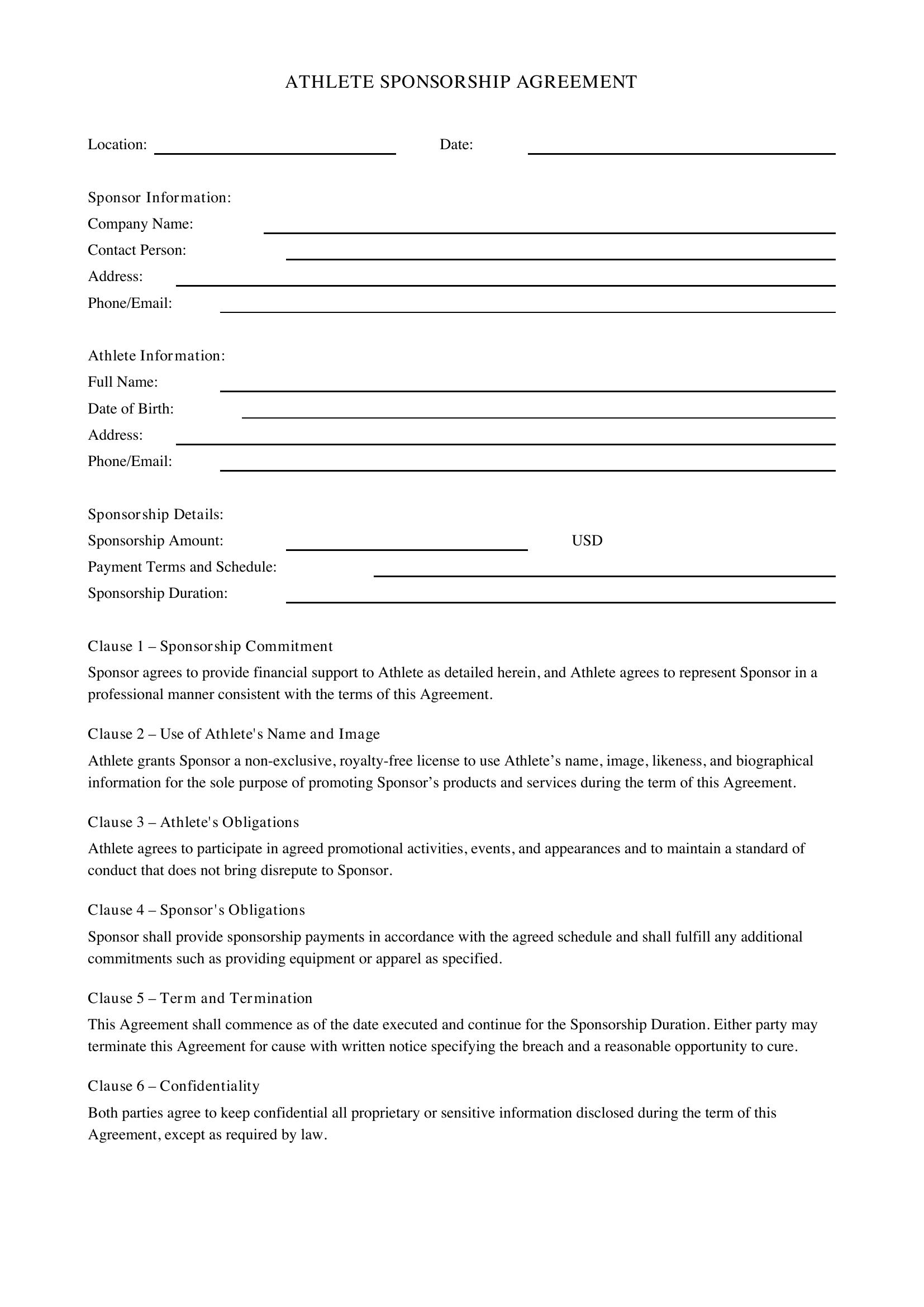Athlete Sponsorship Contract Template - US