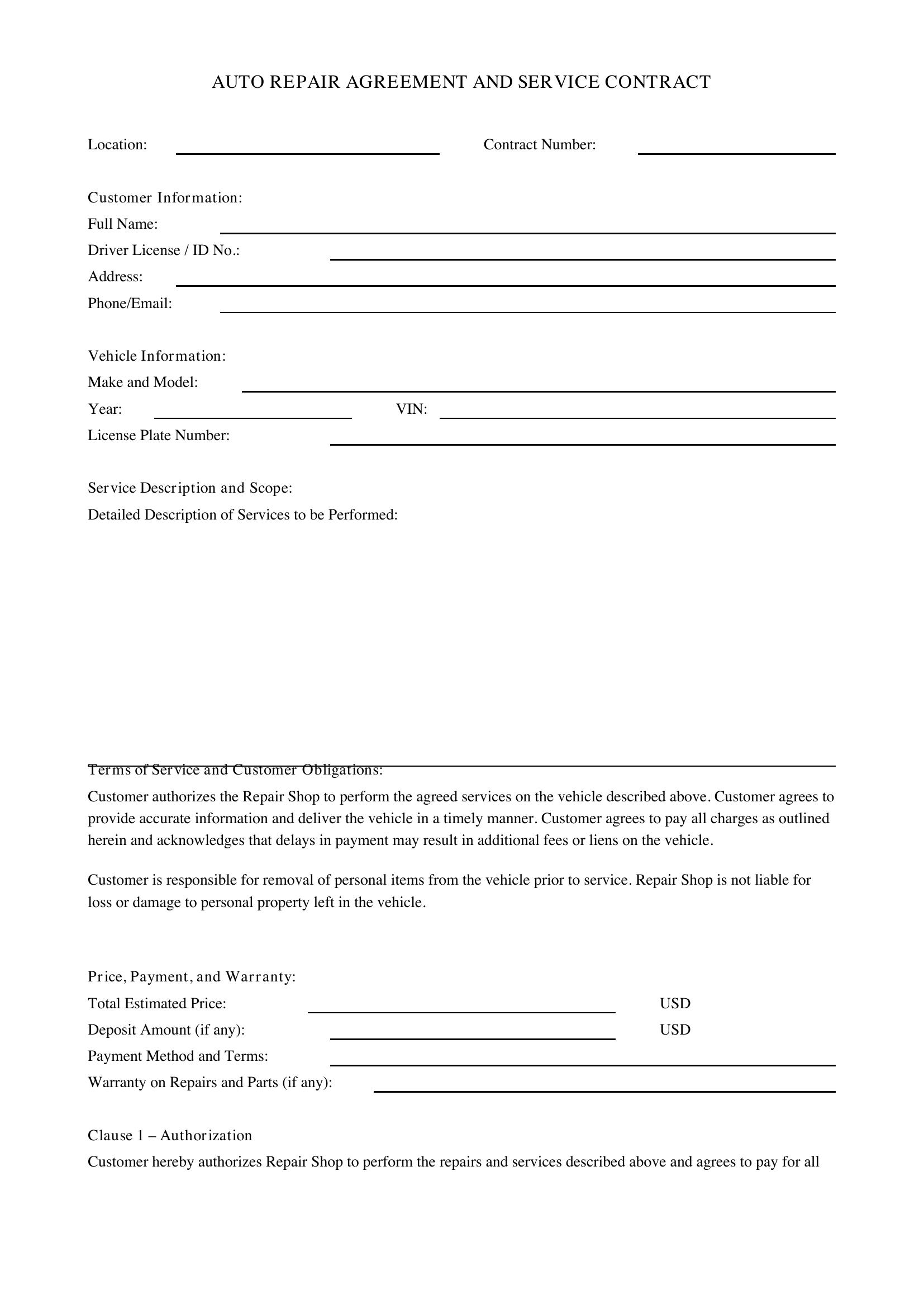 Auto Repair Contract Template - US