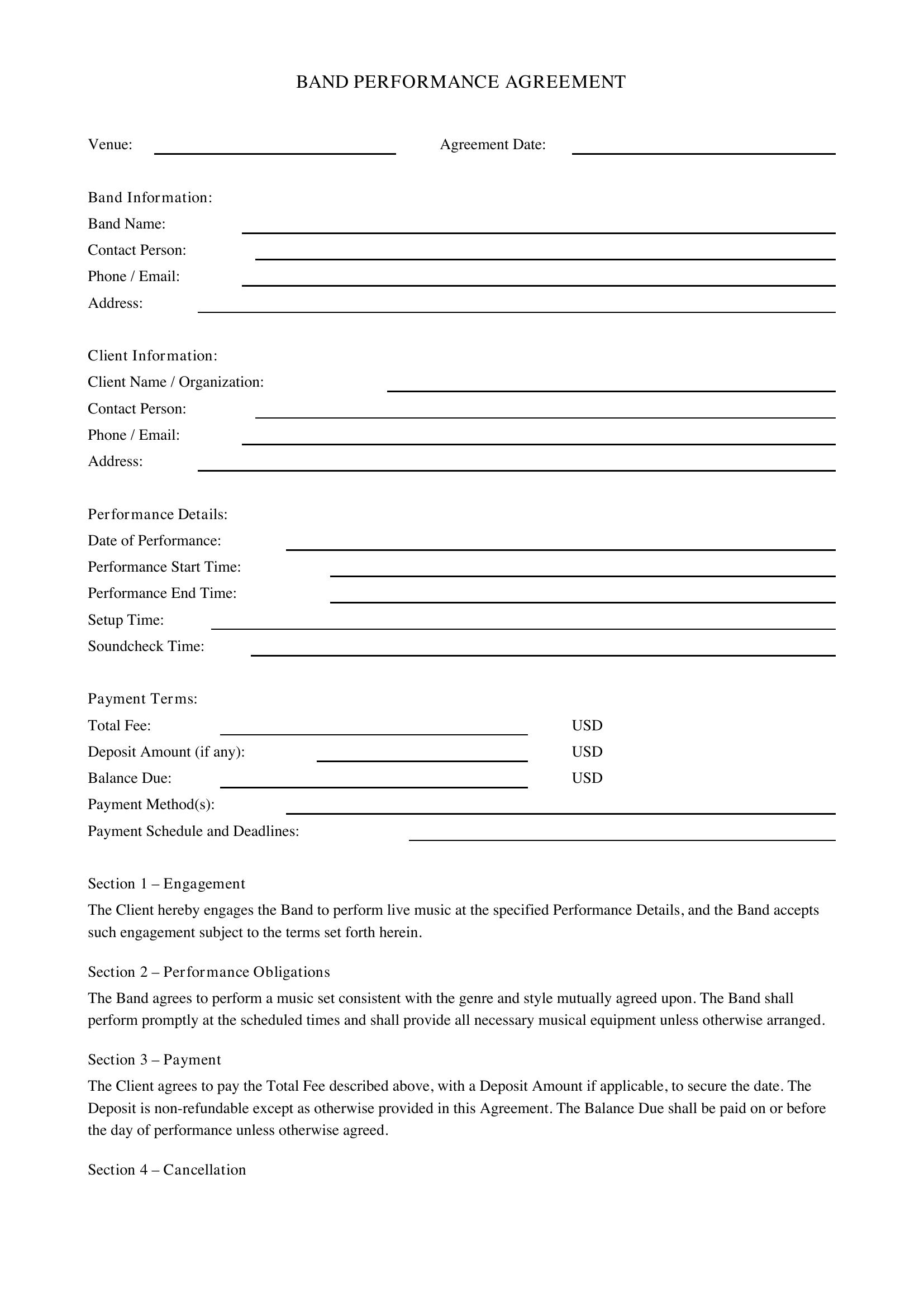 Band Performance Contract Template - US