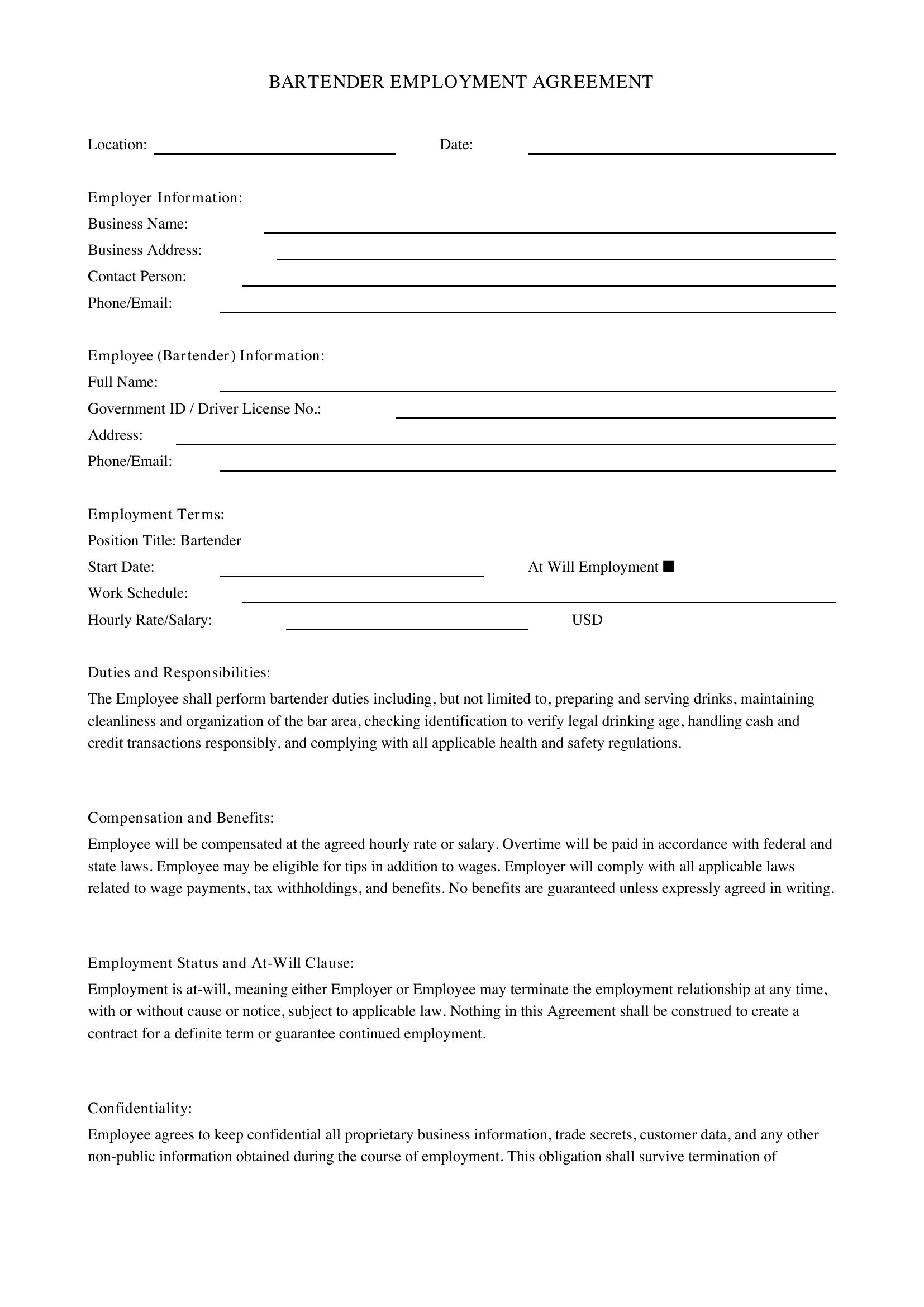 Bartender Contract Template - US