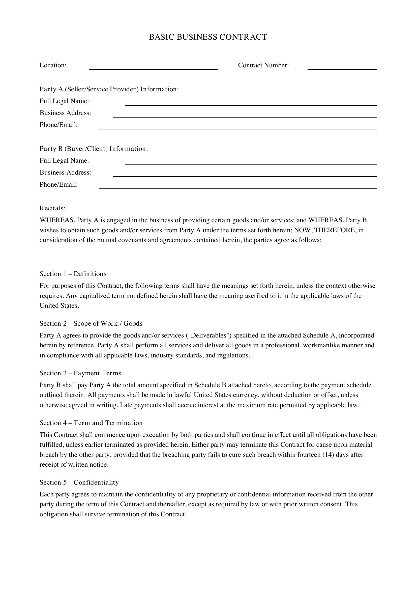 Basic Business Contract Template - US