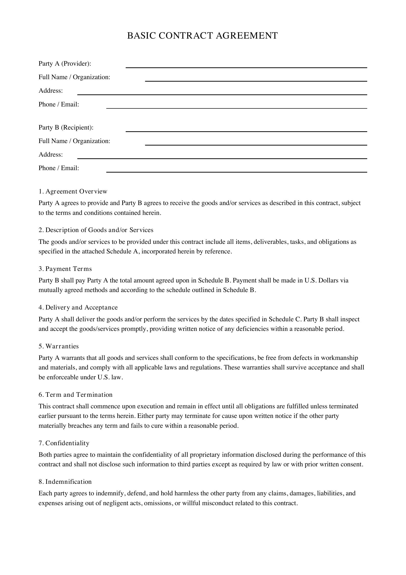 Basic Contract Template - US