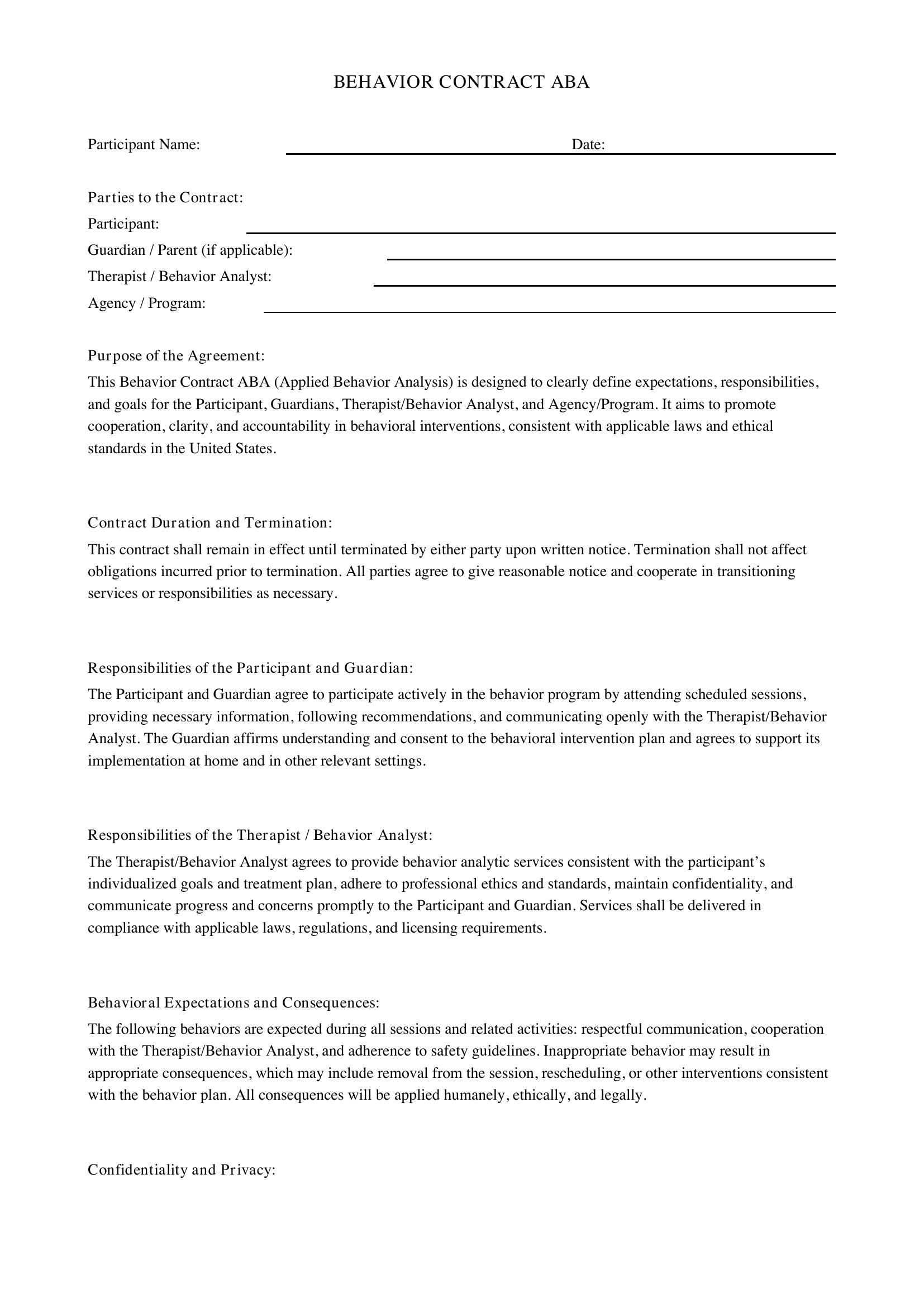 Behavior Contract Aba Template - US