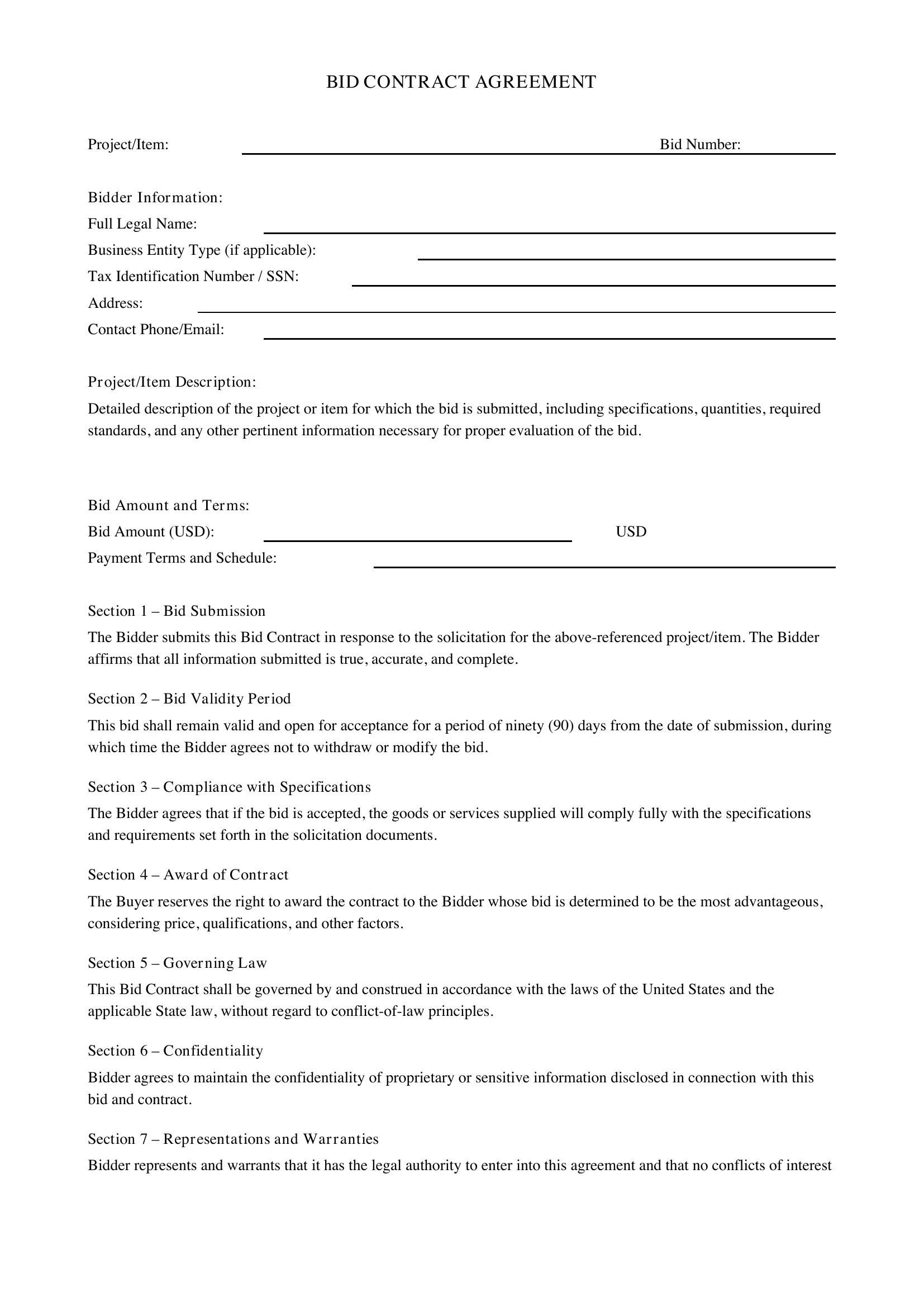 Bid Contract Template - US