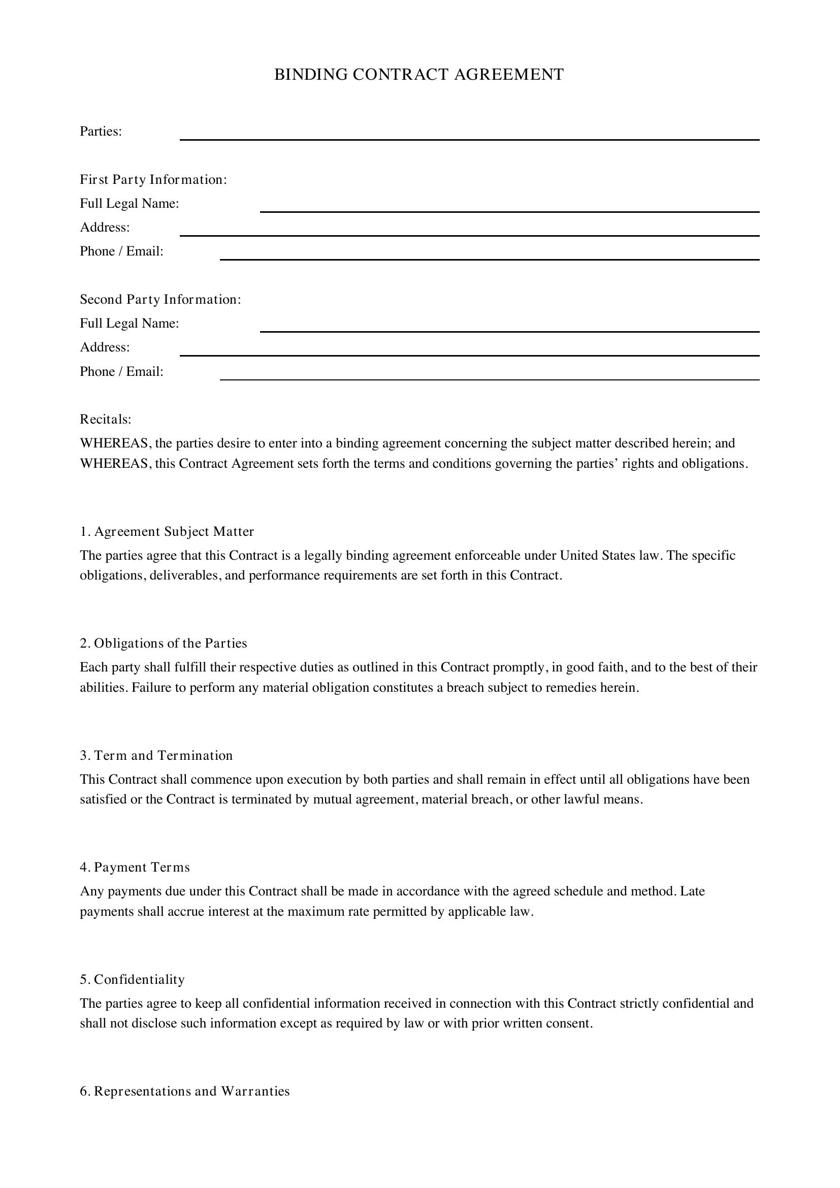Binding Contract Template - US