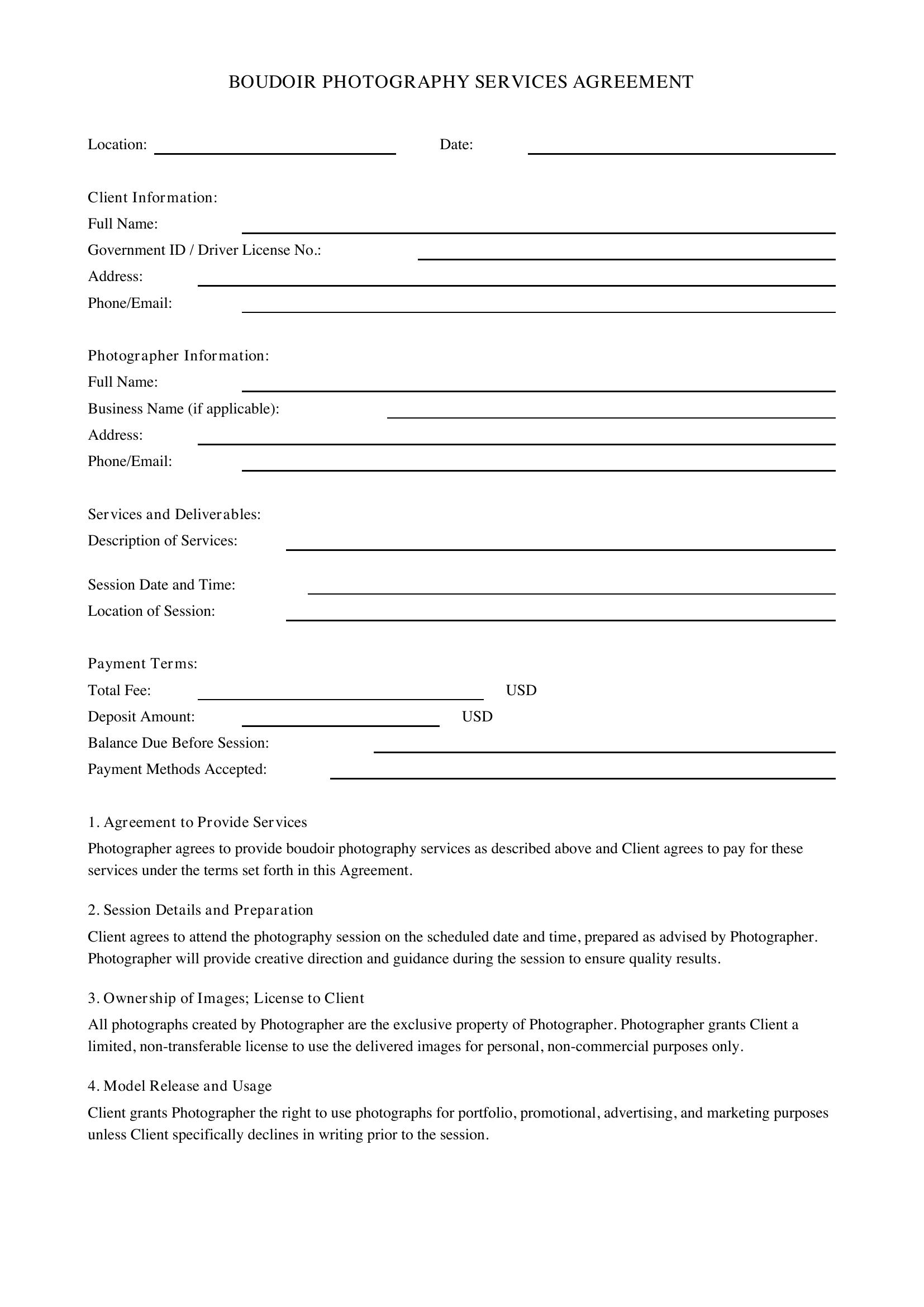 Boudoir Contract Template - US
