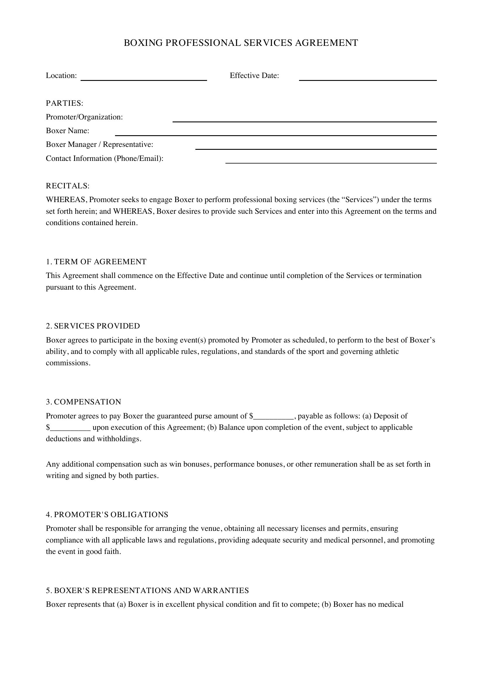 Boxing Contract Template - US
