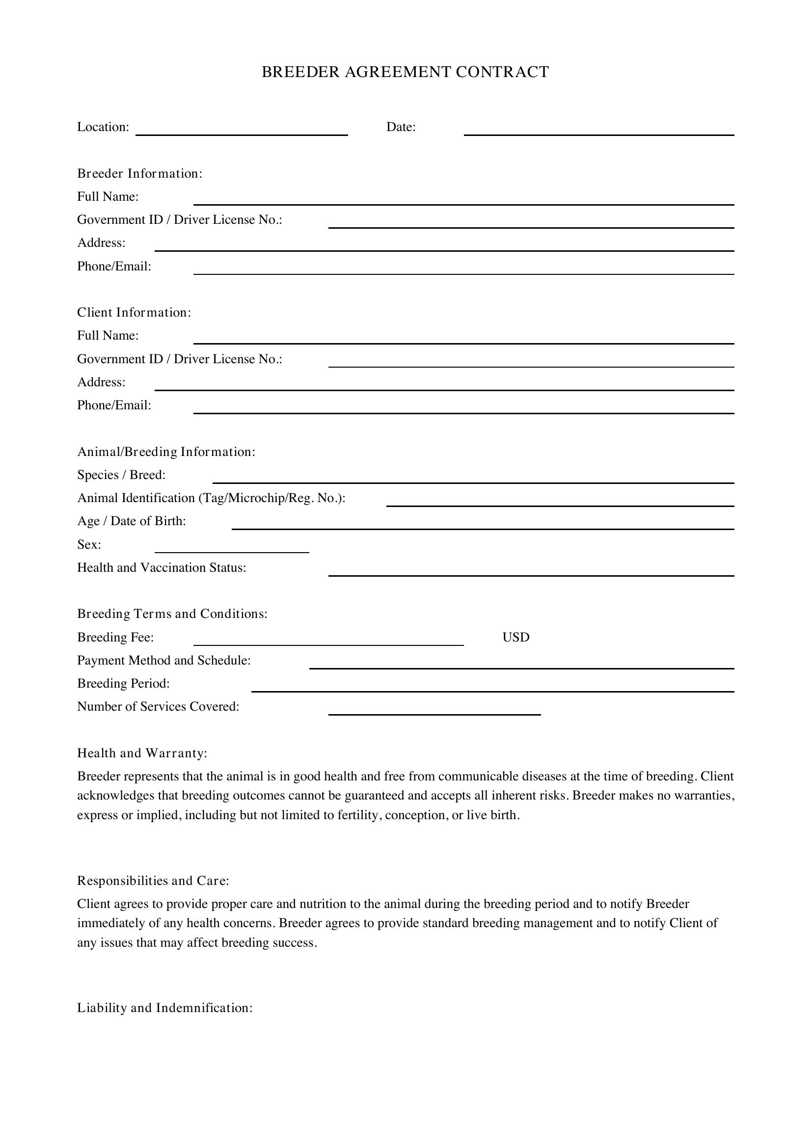 Breeder Contract Template - US