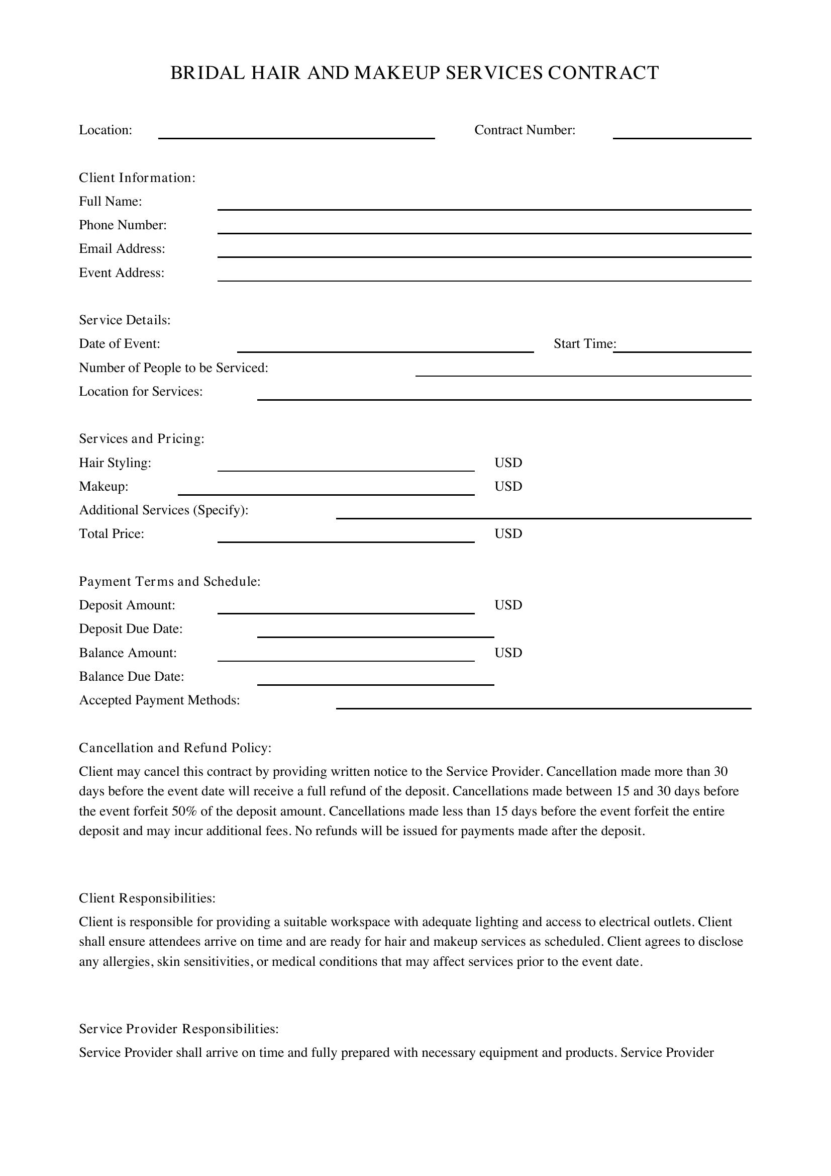 Bridal Hair And Makeup Contract Template - US