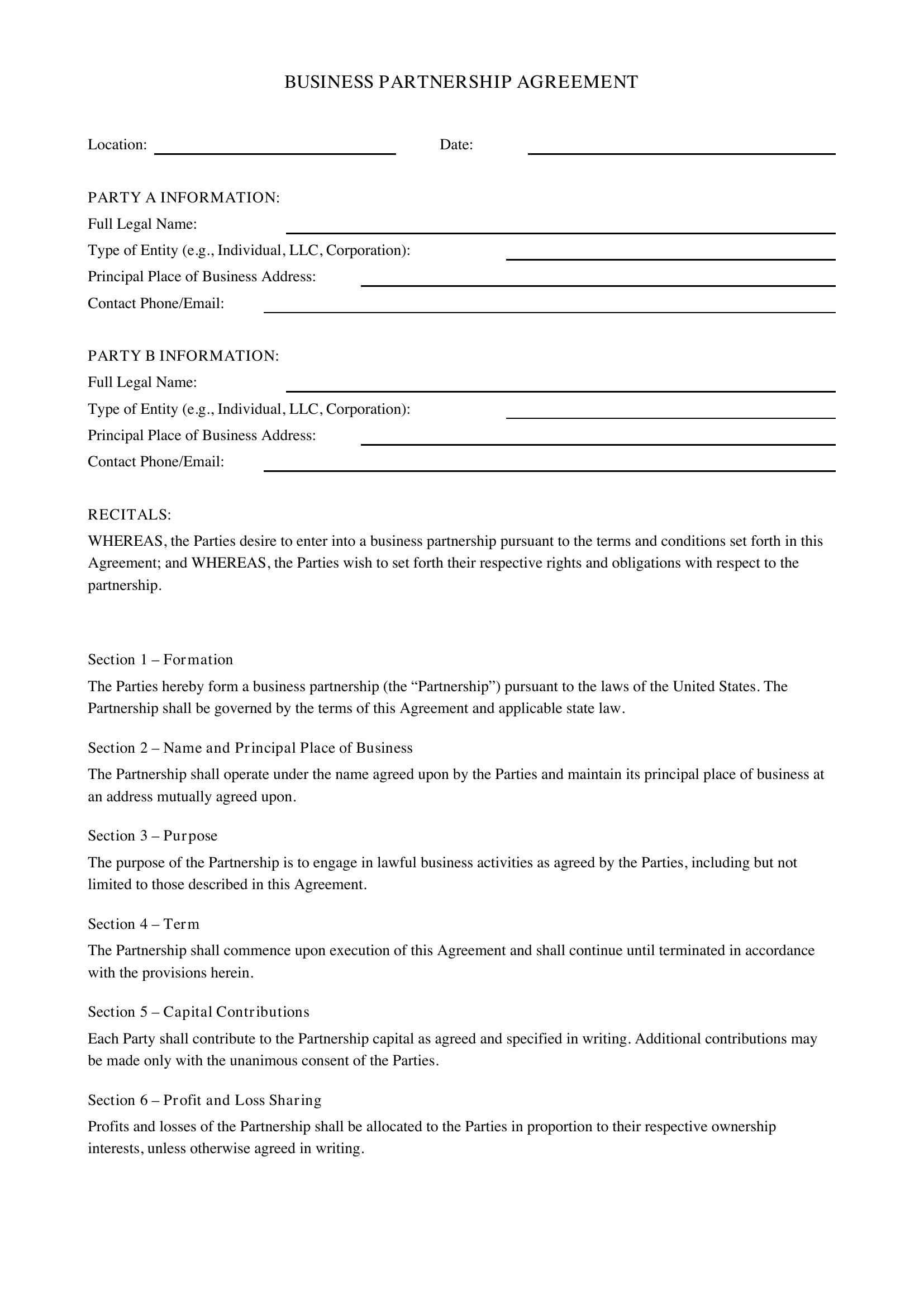 Business Partnership Contract Template - US