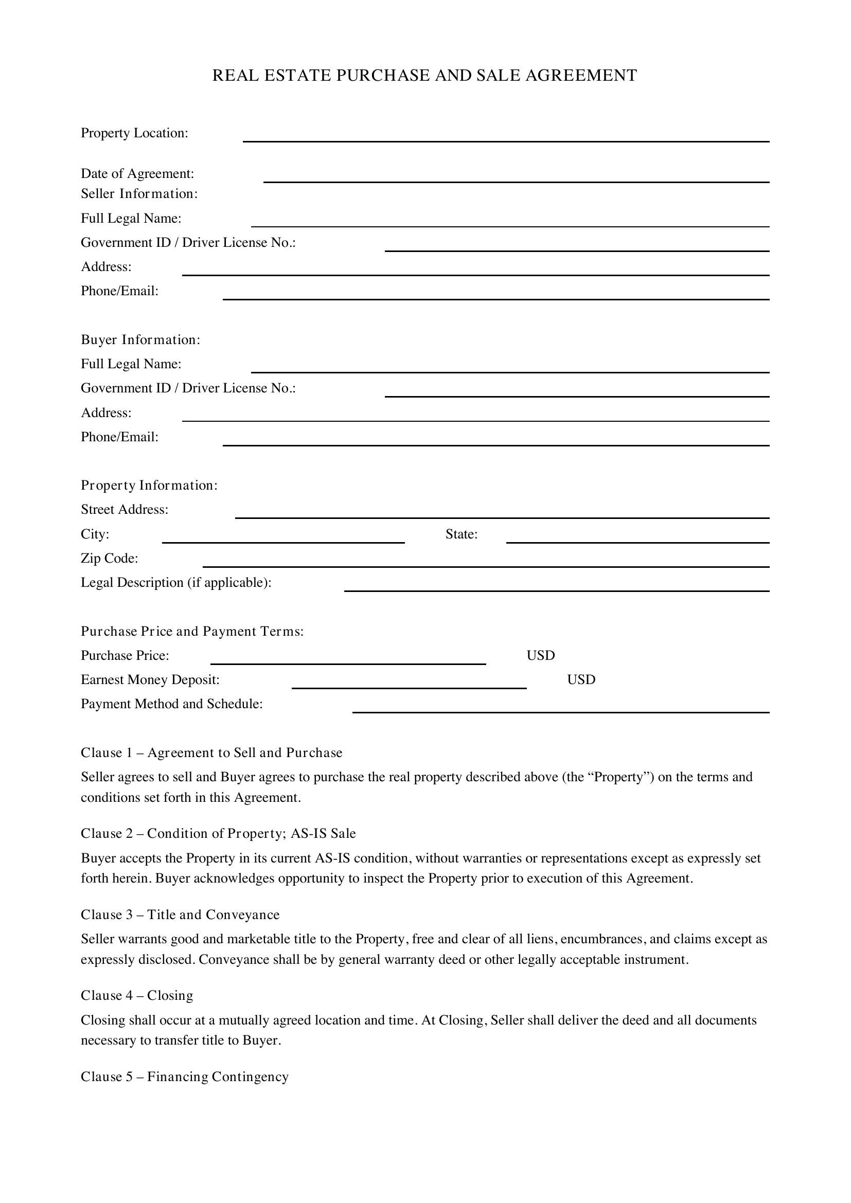Buying A House On Contract Template - US