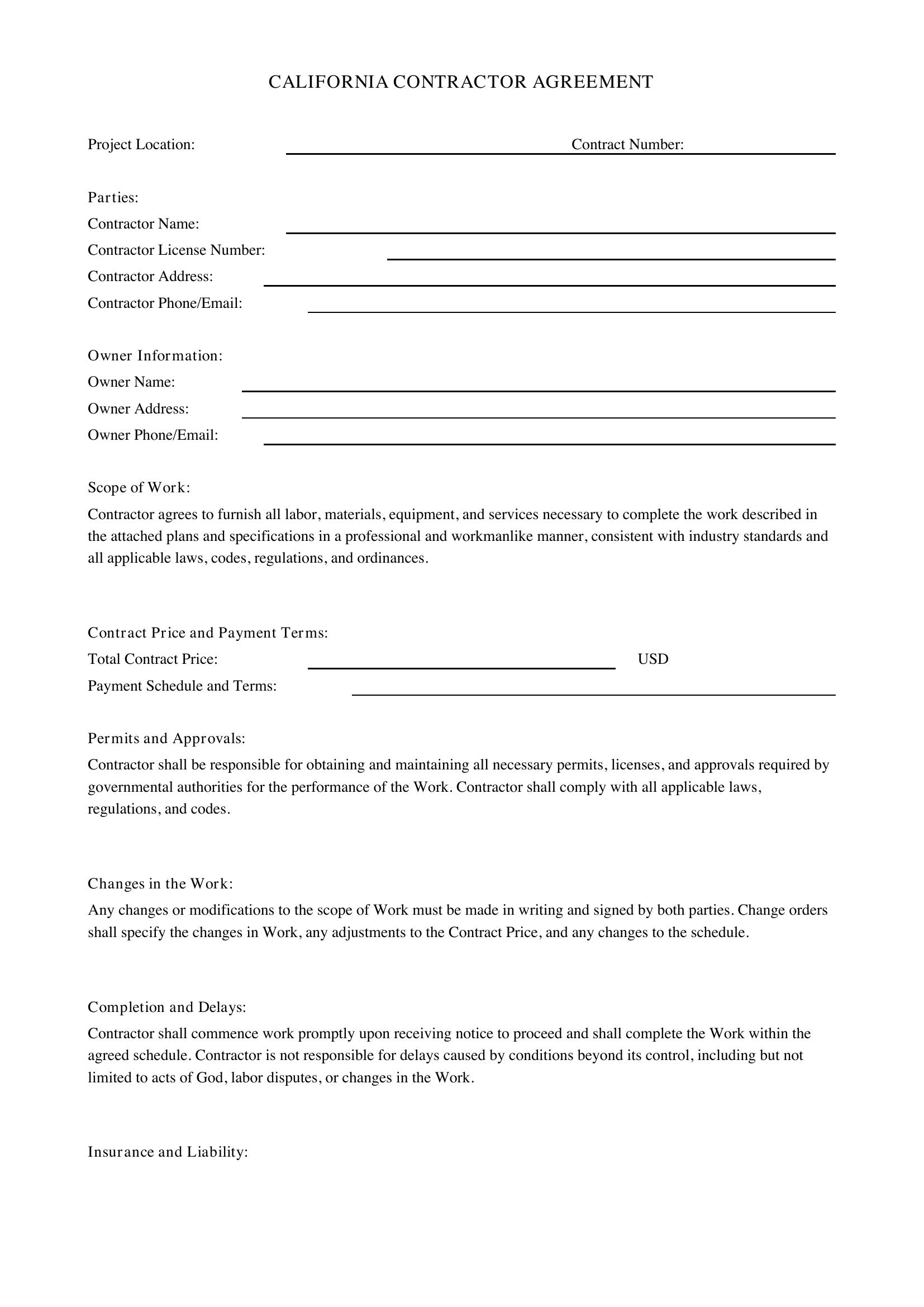 California Contractor Contract Template - US