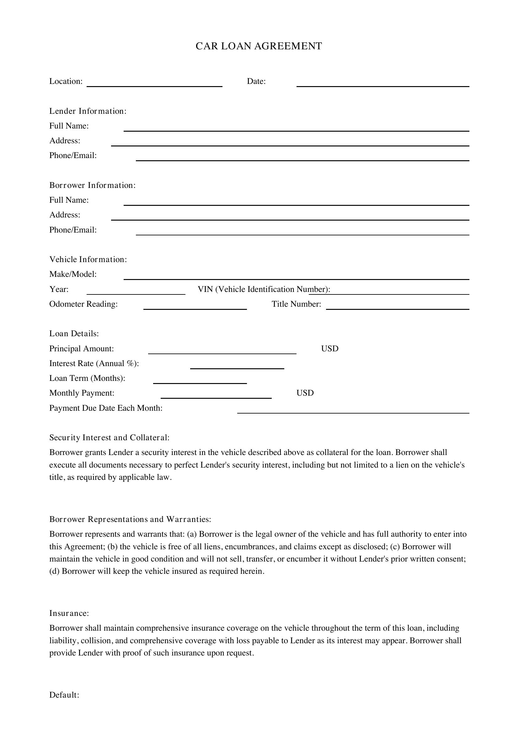 Car Loan Contract Template - US
