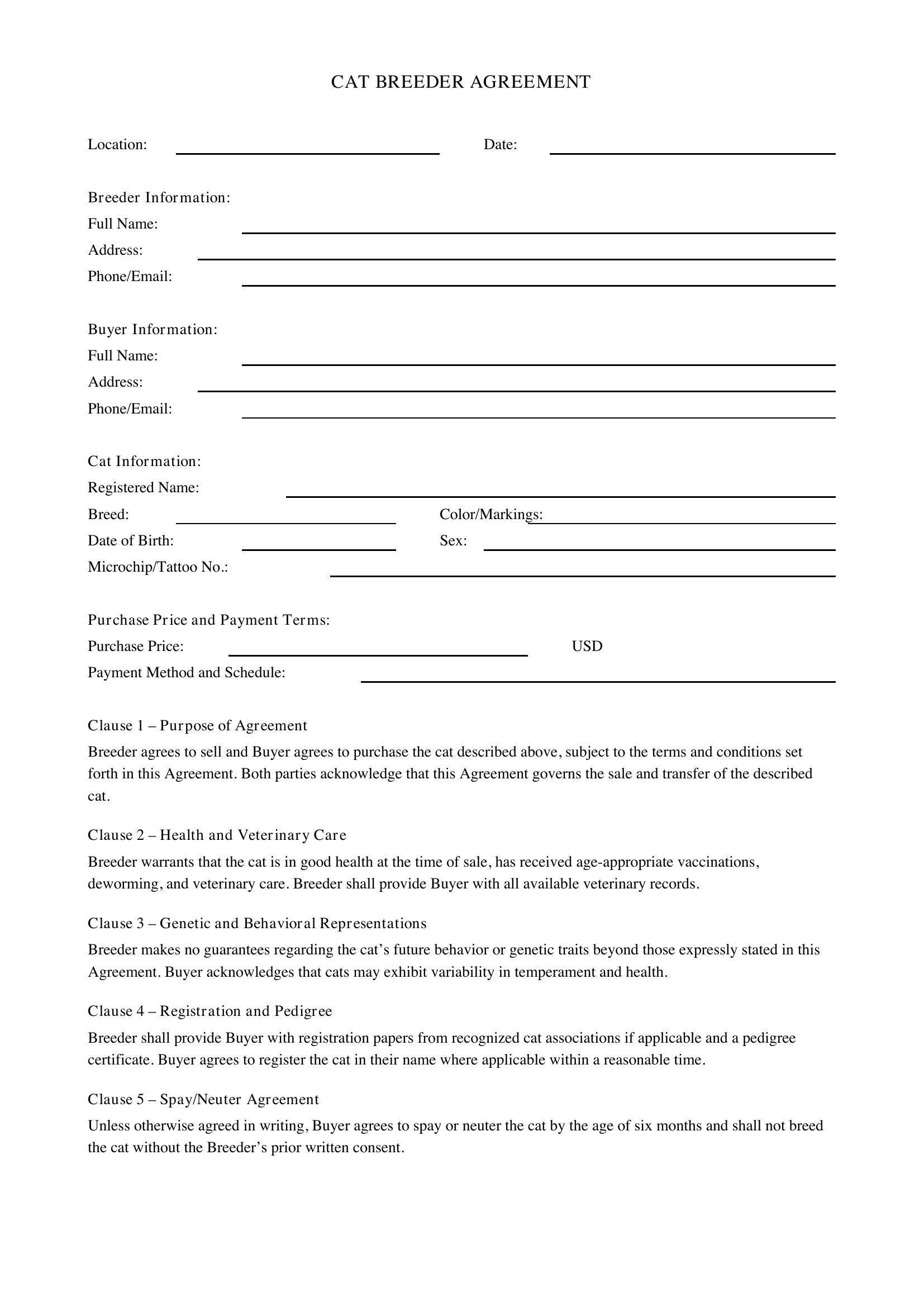 Cat Breeder Contract Template - US