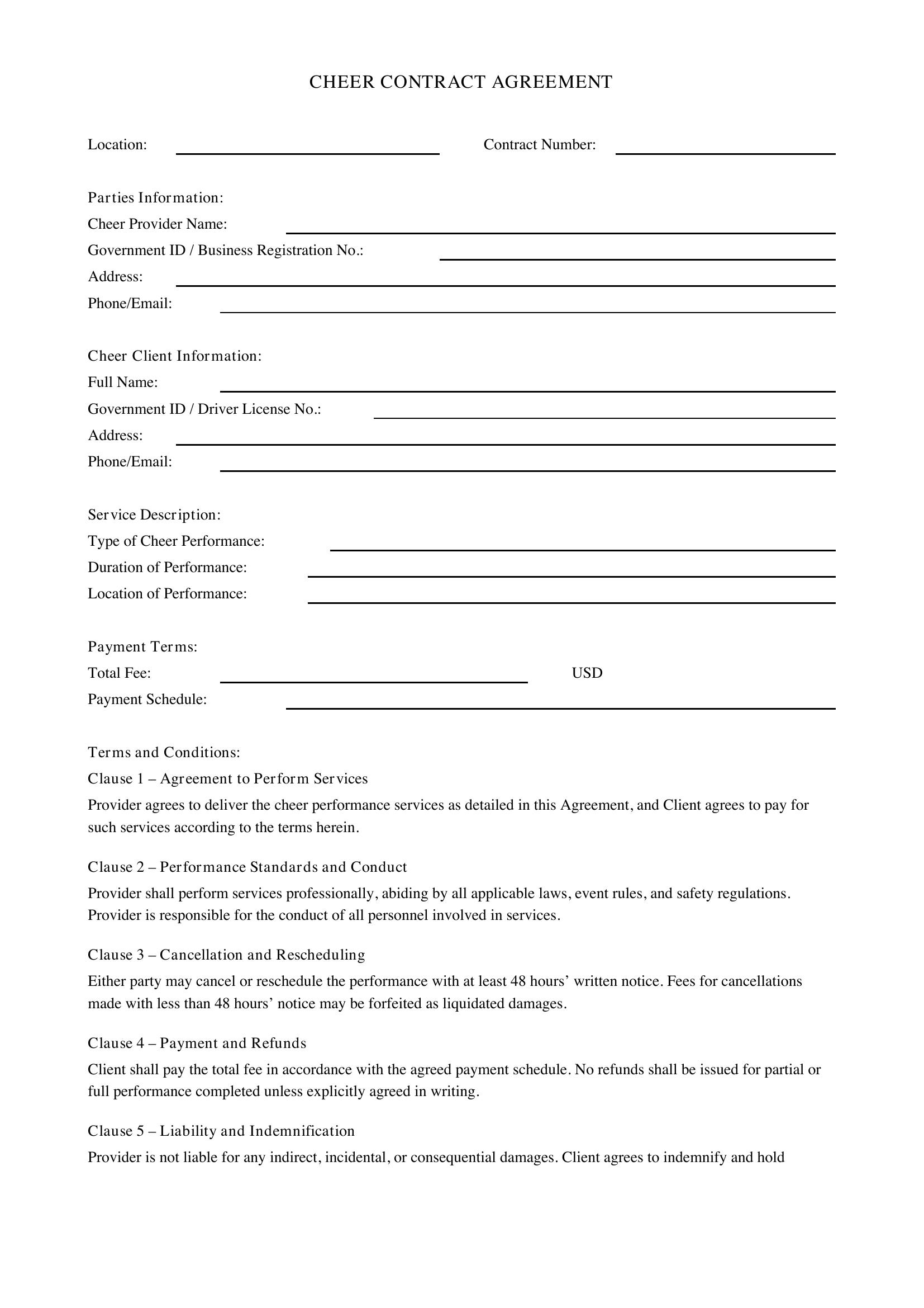 Cheer Contract Template - US