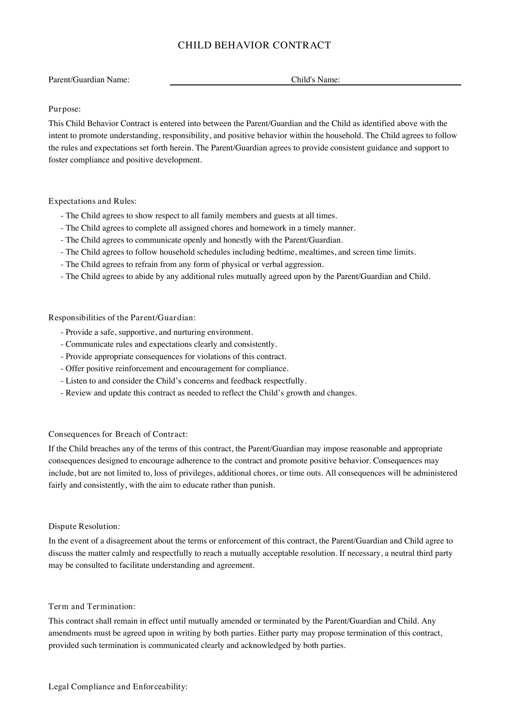 Child Behavior Contract Template - US