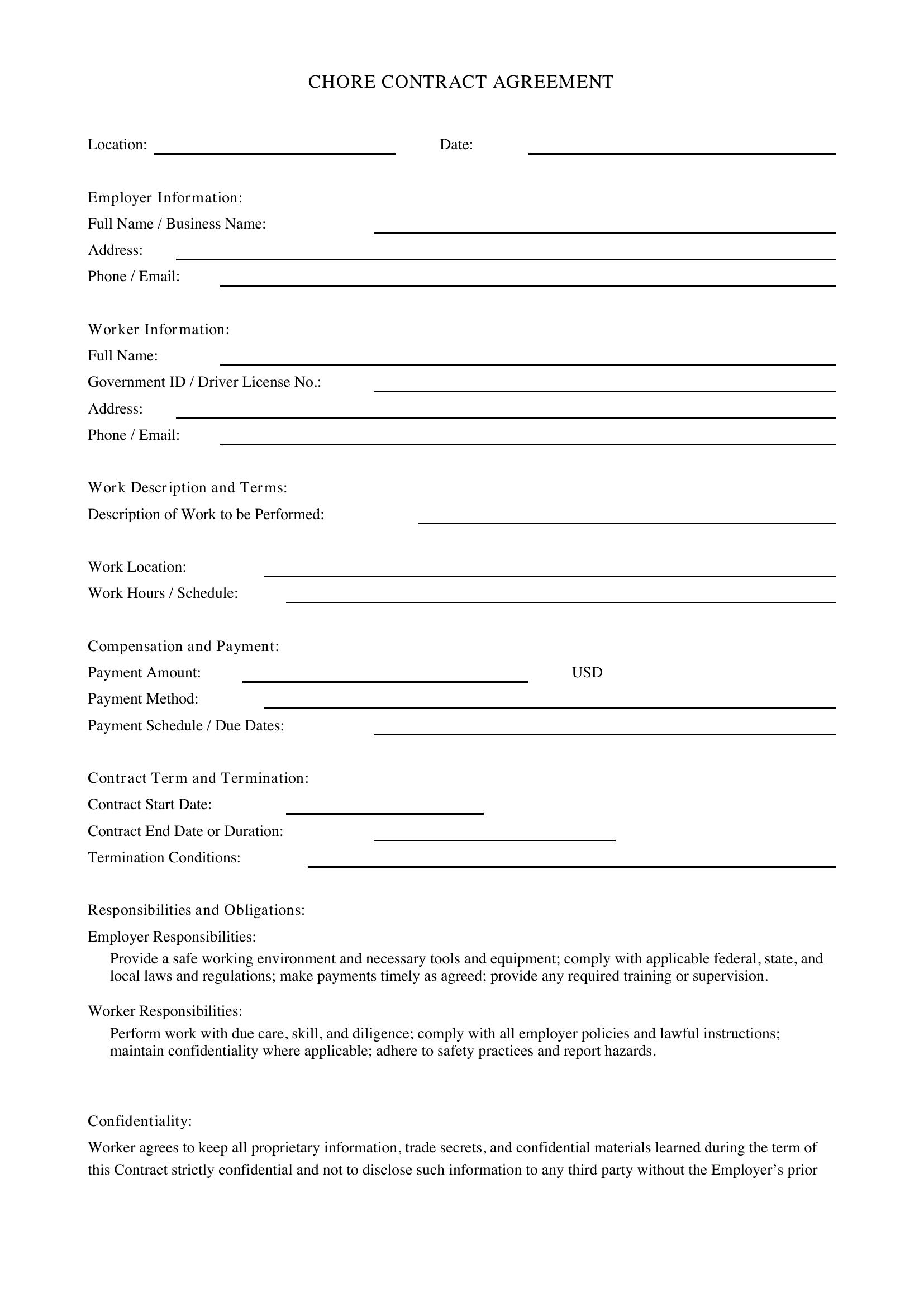 Chore Contract Template - US