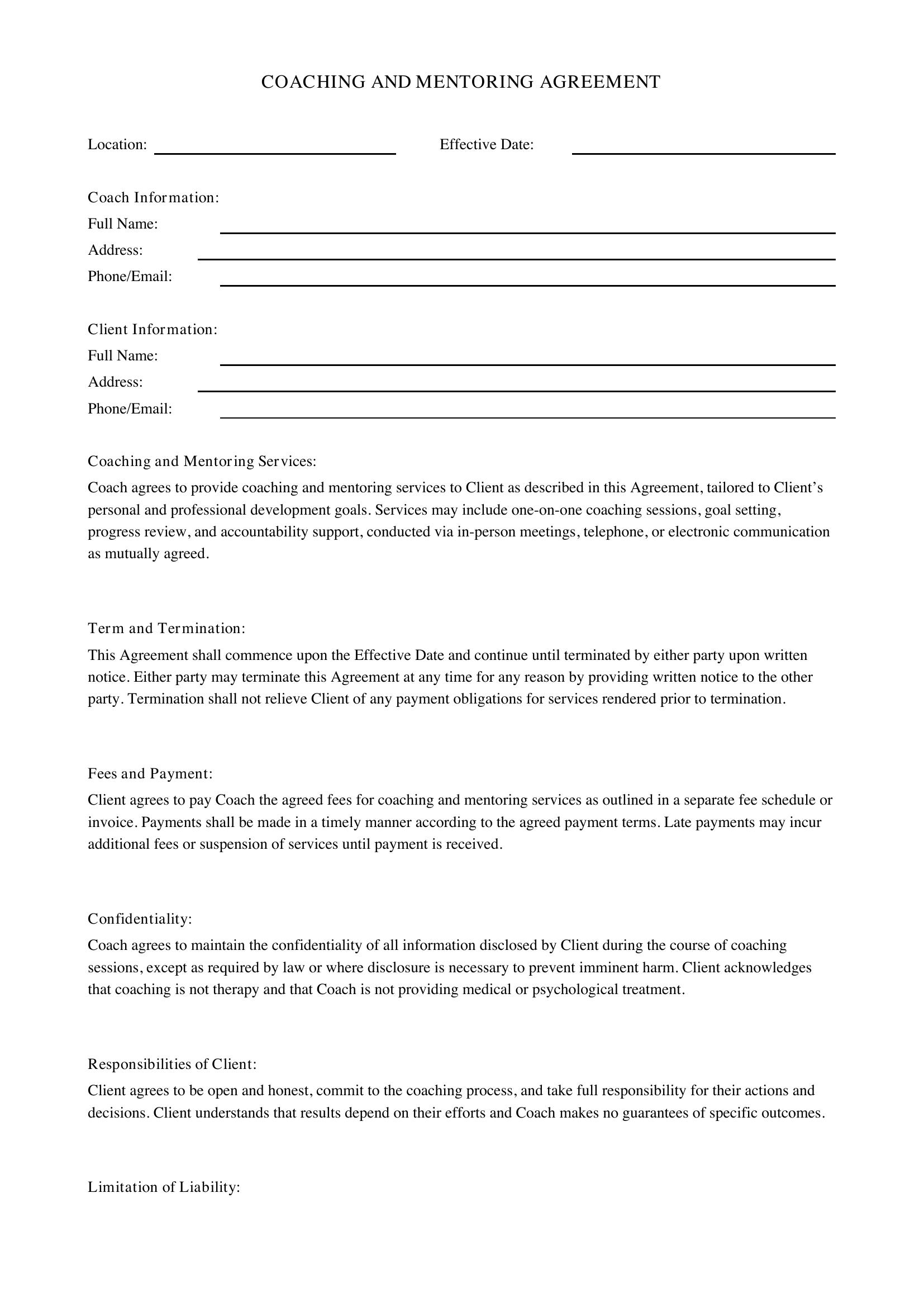 Coaching And Mentoring Contract Template - US