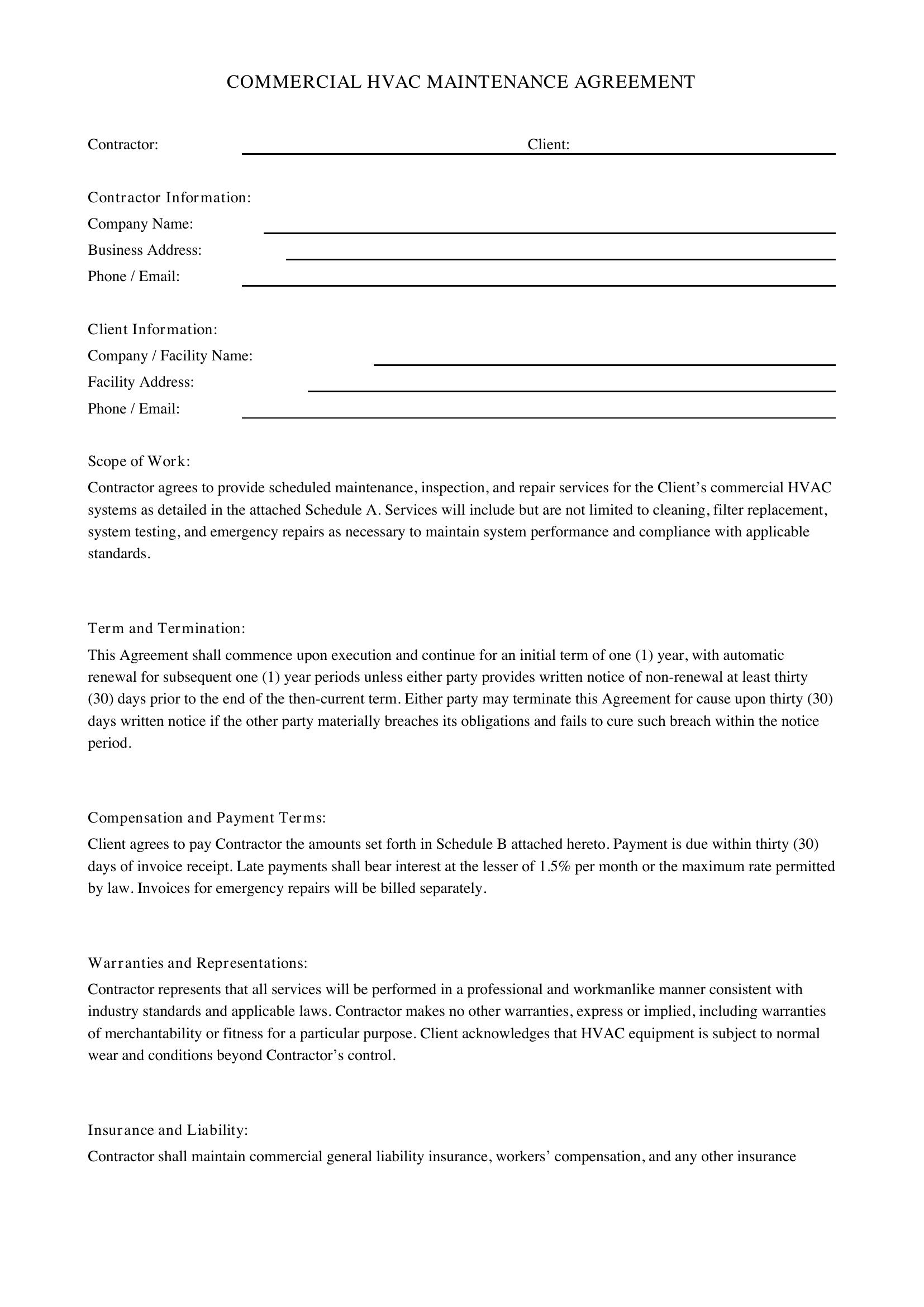 Commercial Hvac Maintenance Contract Template - US