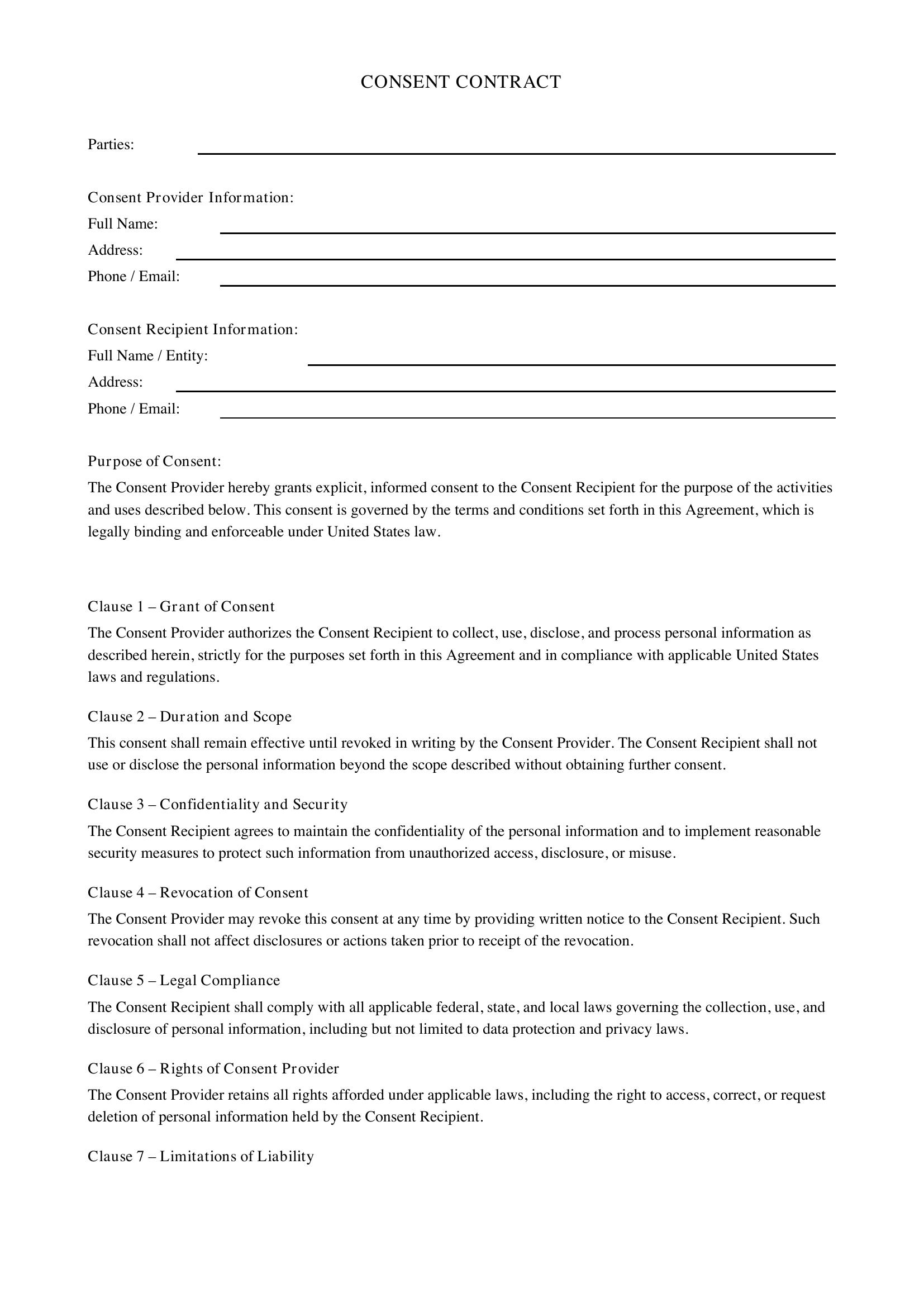 Consent Contract Template - US