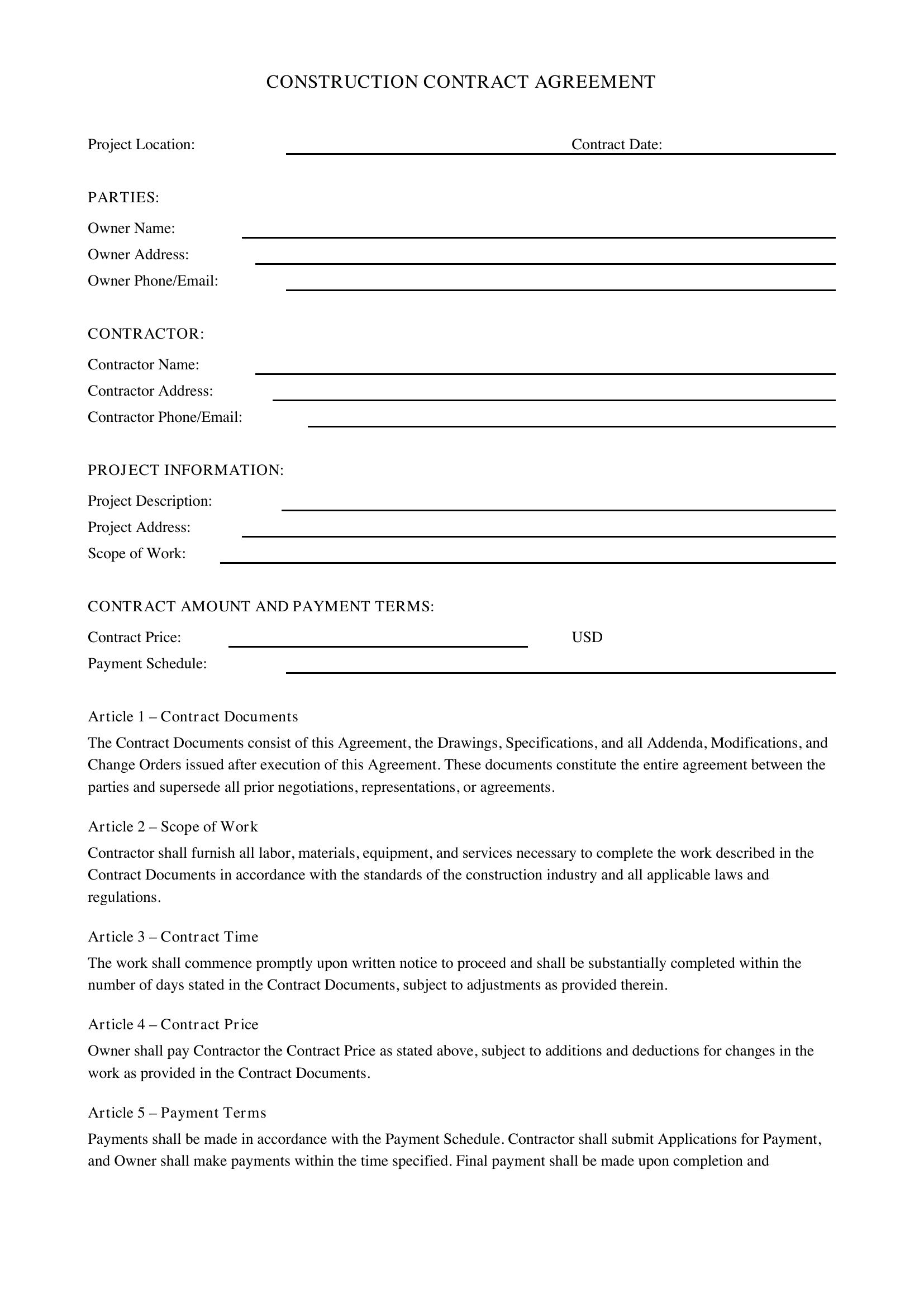 Construction Contract Template - US