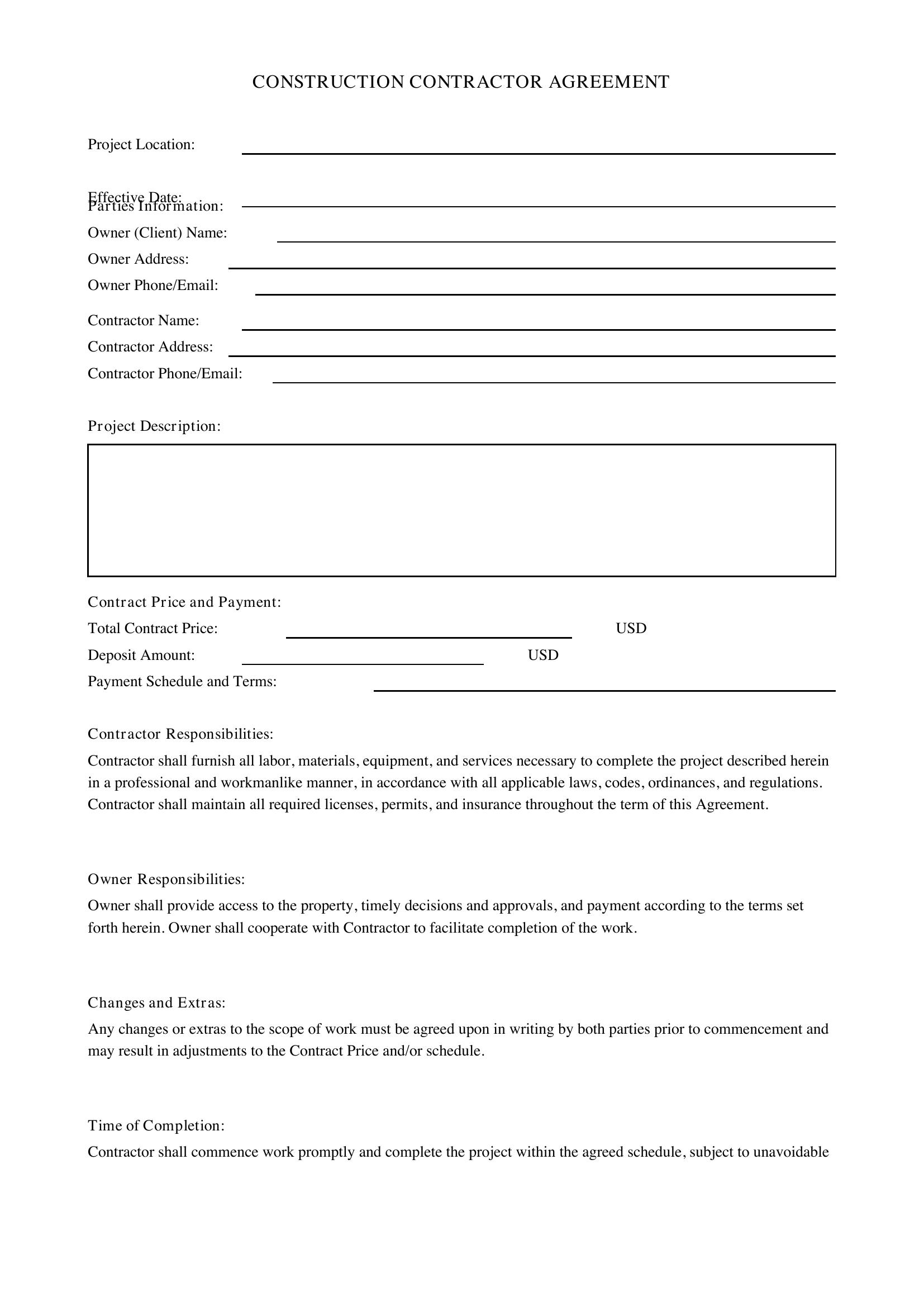 Construction Contractor Contract Template - US