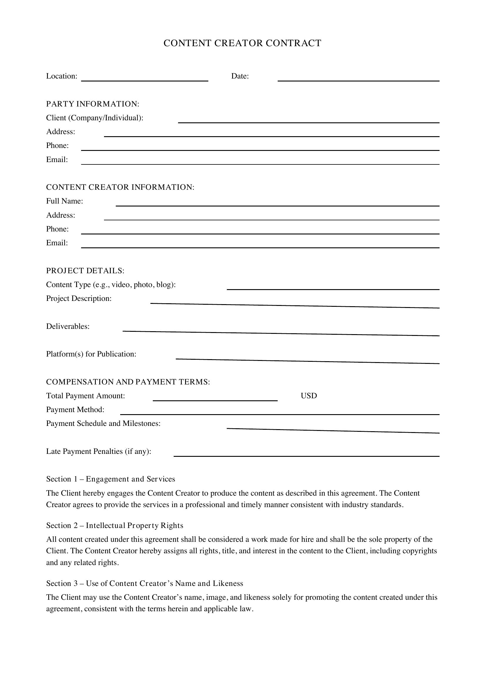 Content Creator Contract Template - US