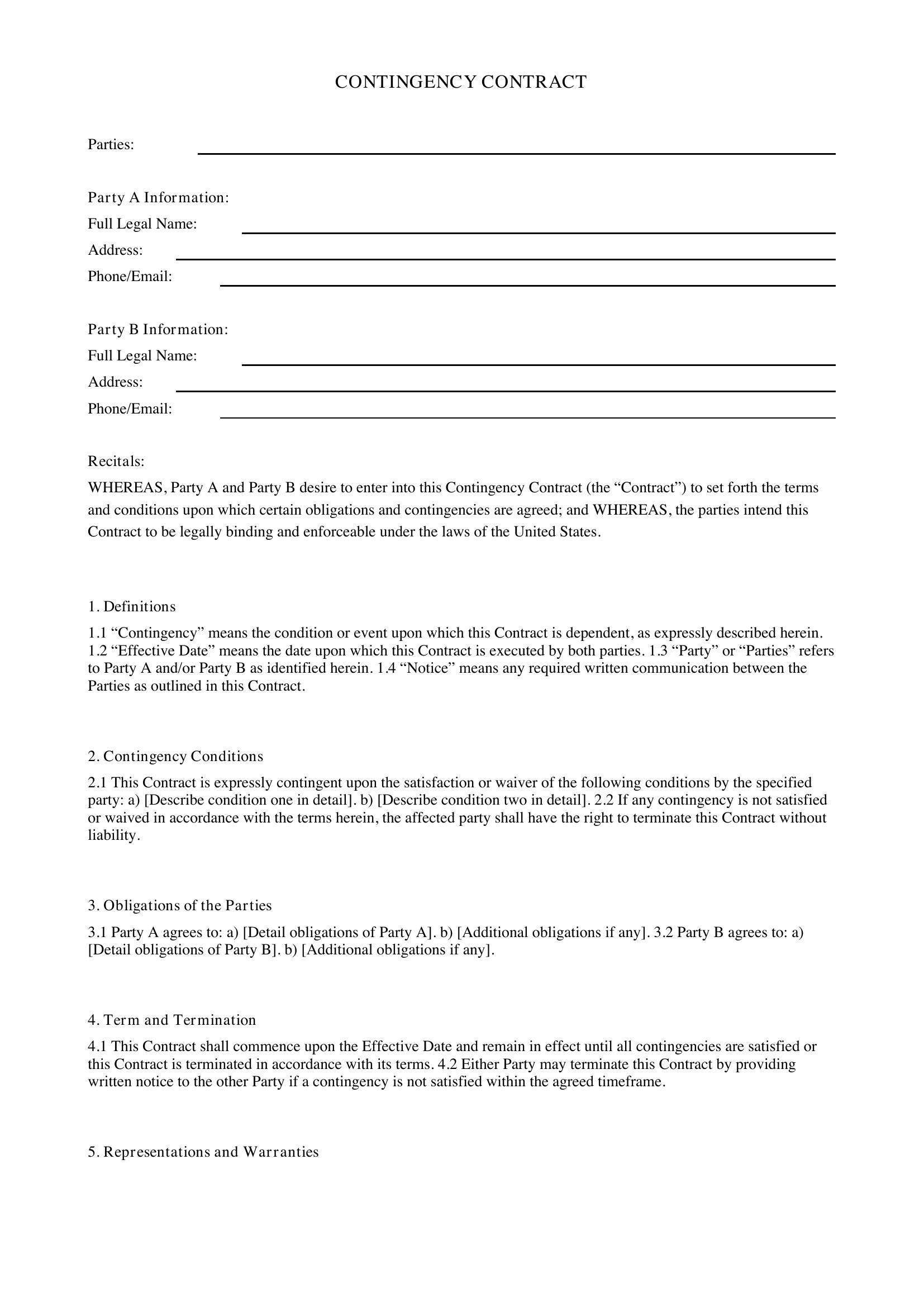 Contingency Contract Template - US