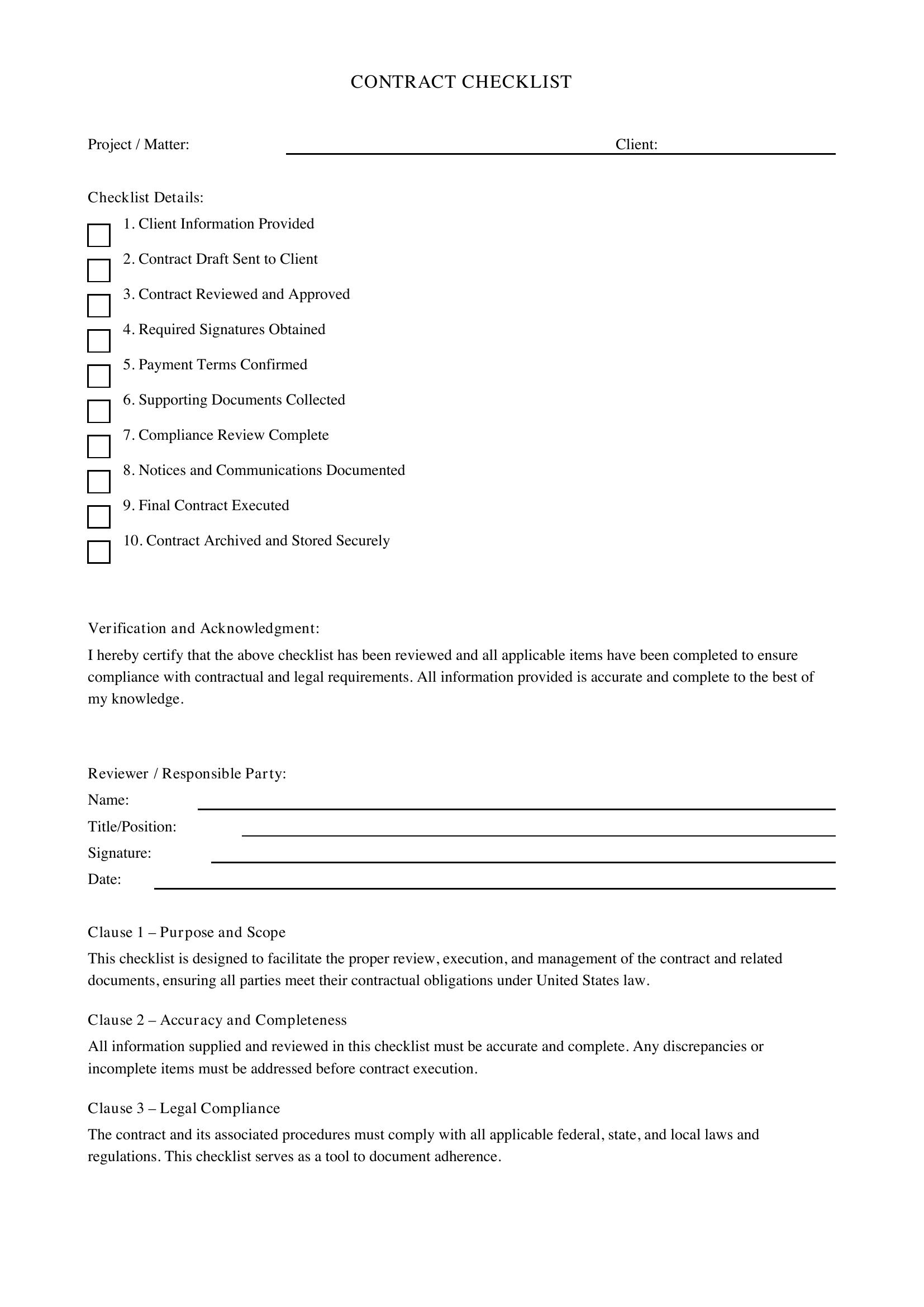 Contract Checklist Template - US