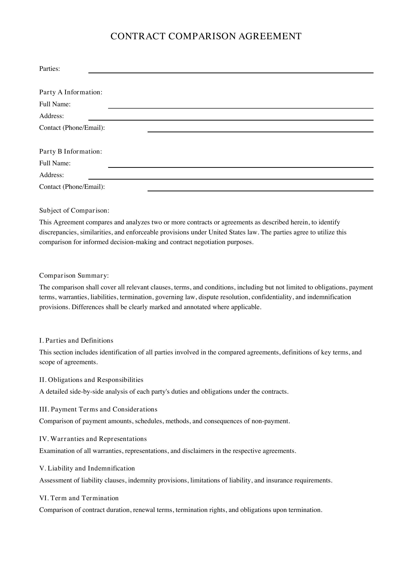 Contract Comparison Template - US