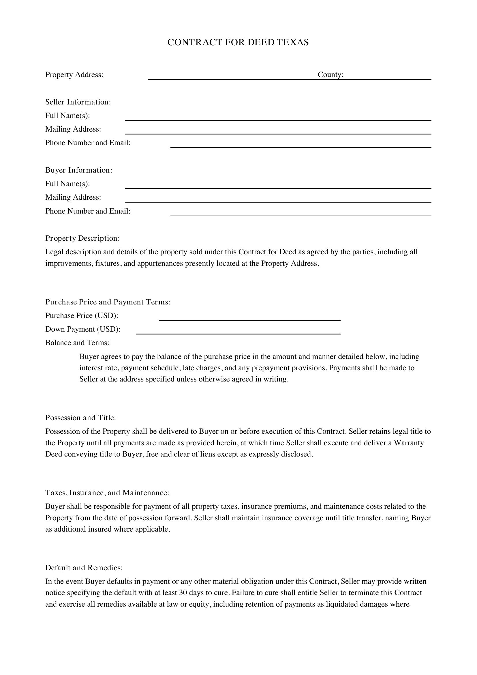 Contract For Deed Texas Template - US