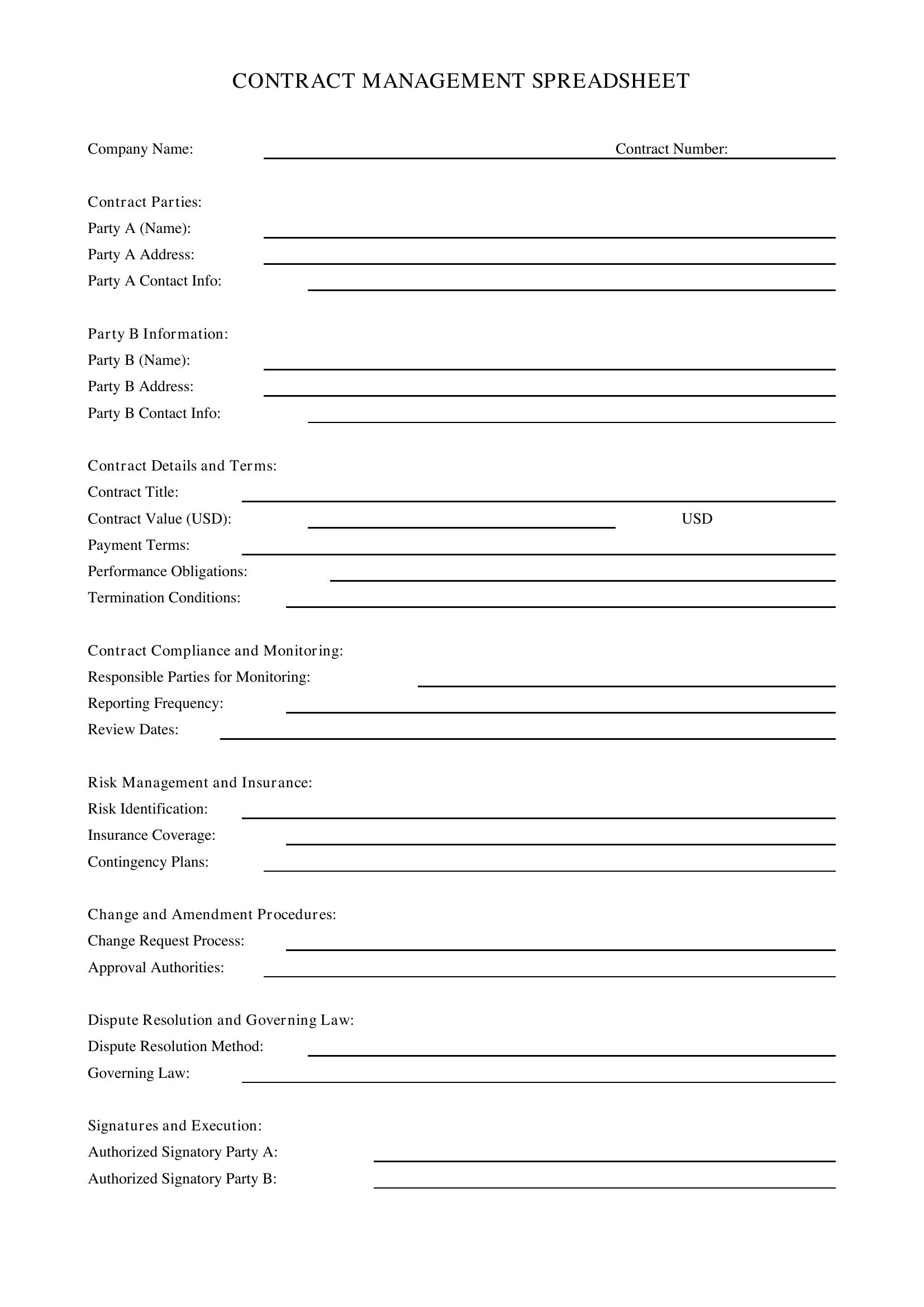 Contract Management Spreadsheet Template - US