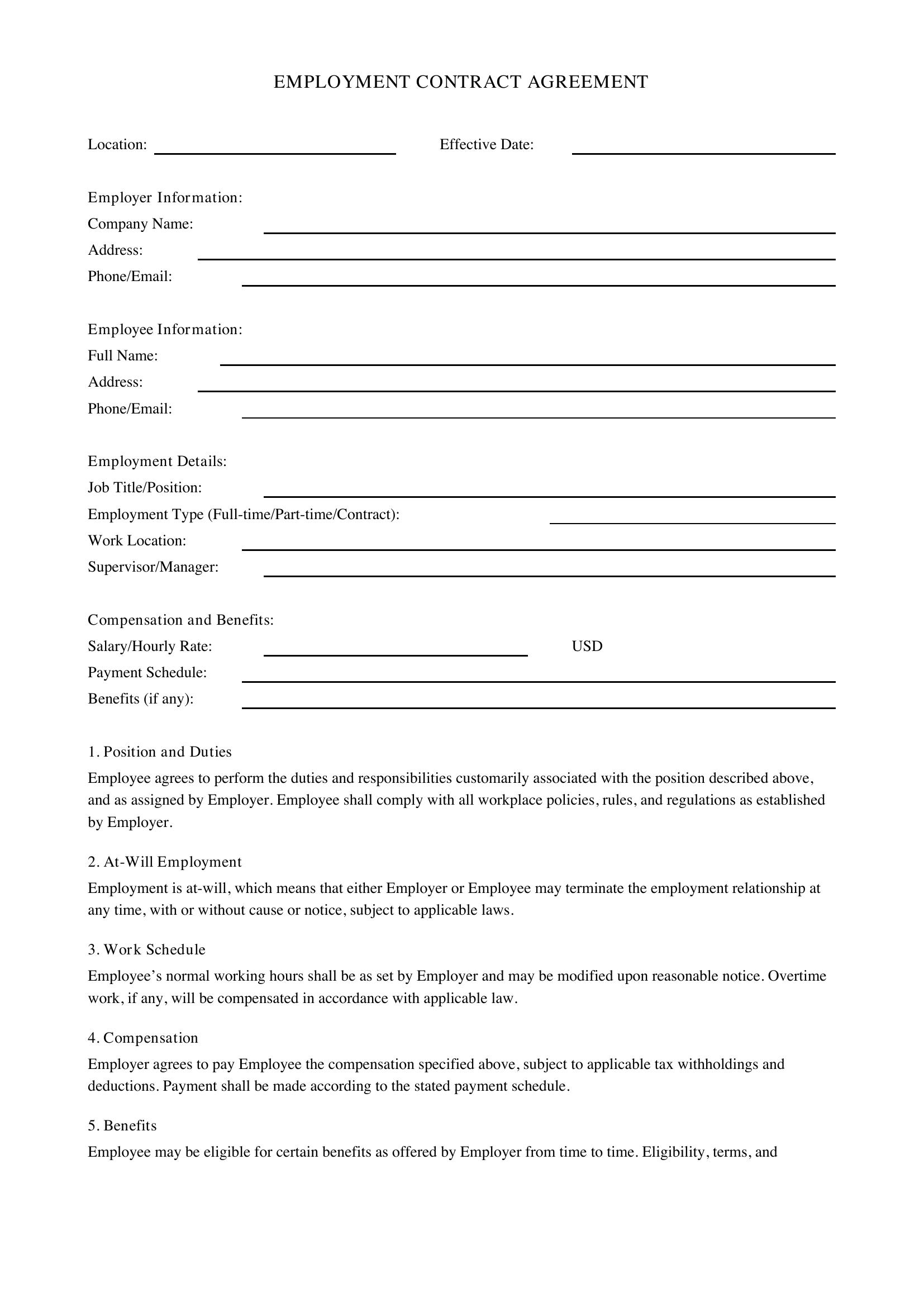 Contract Of Employment Template - US
