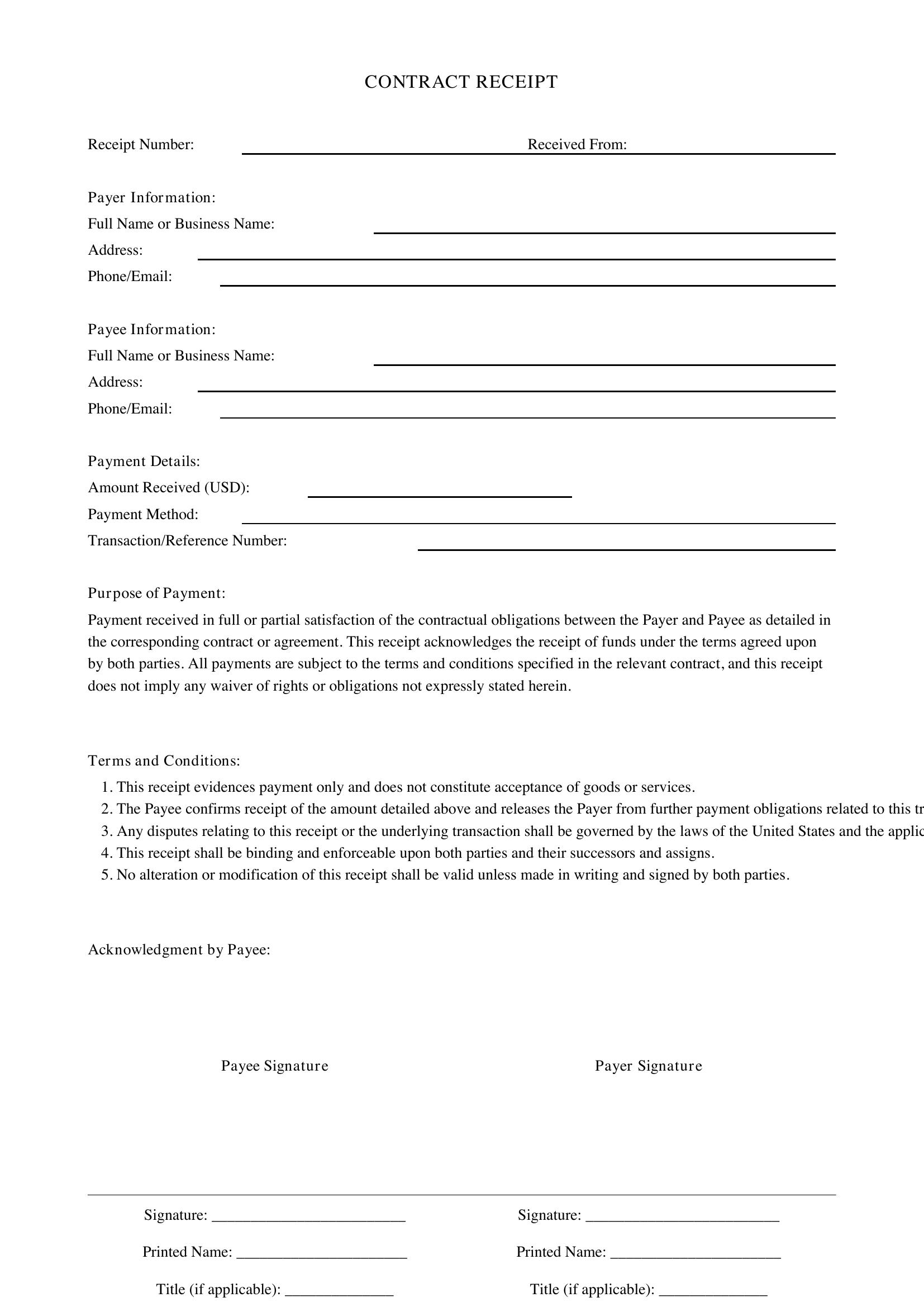 Contract Receipt Template - US