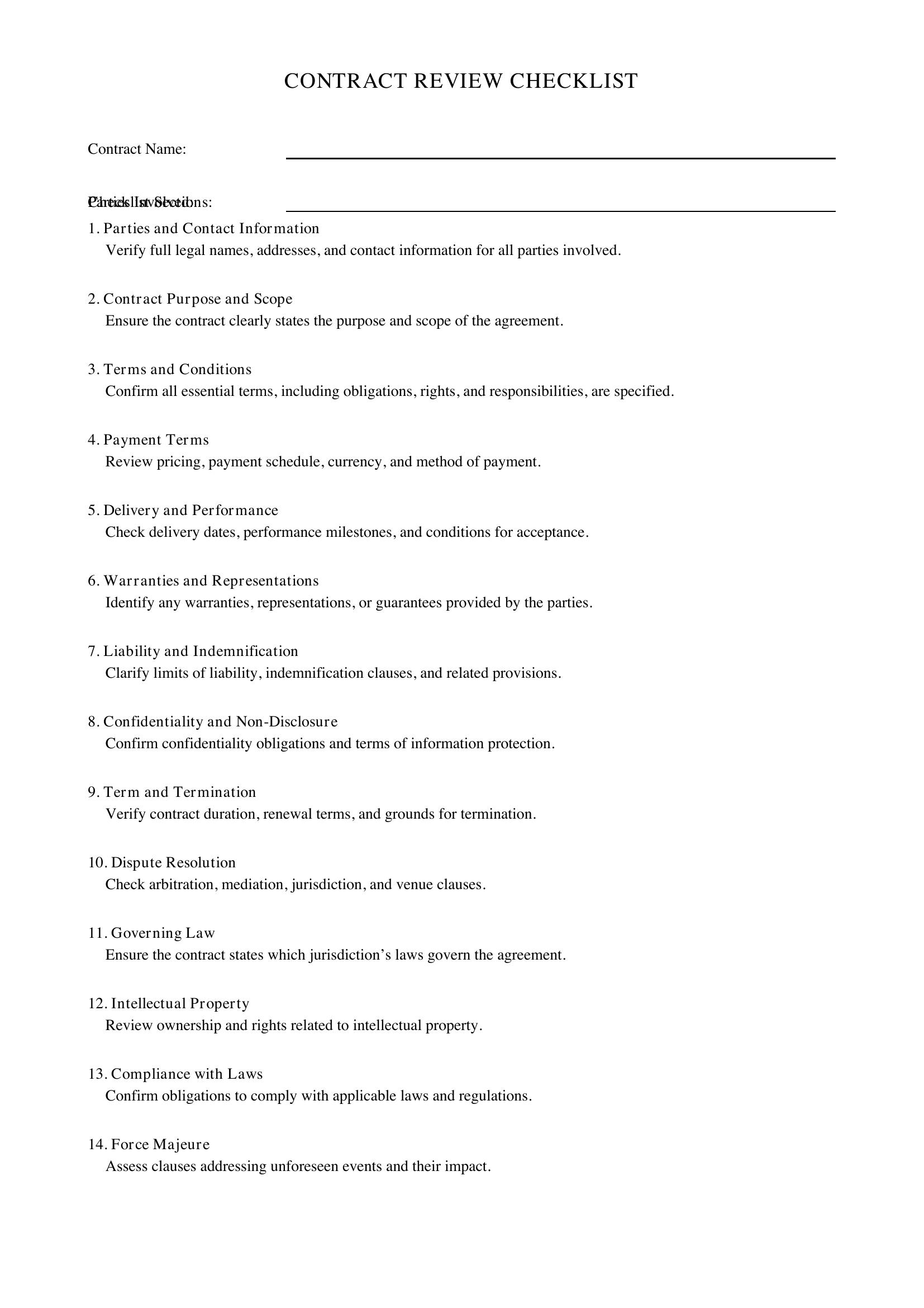Contract Review Checklist Template - US