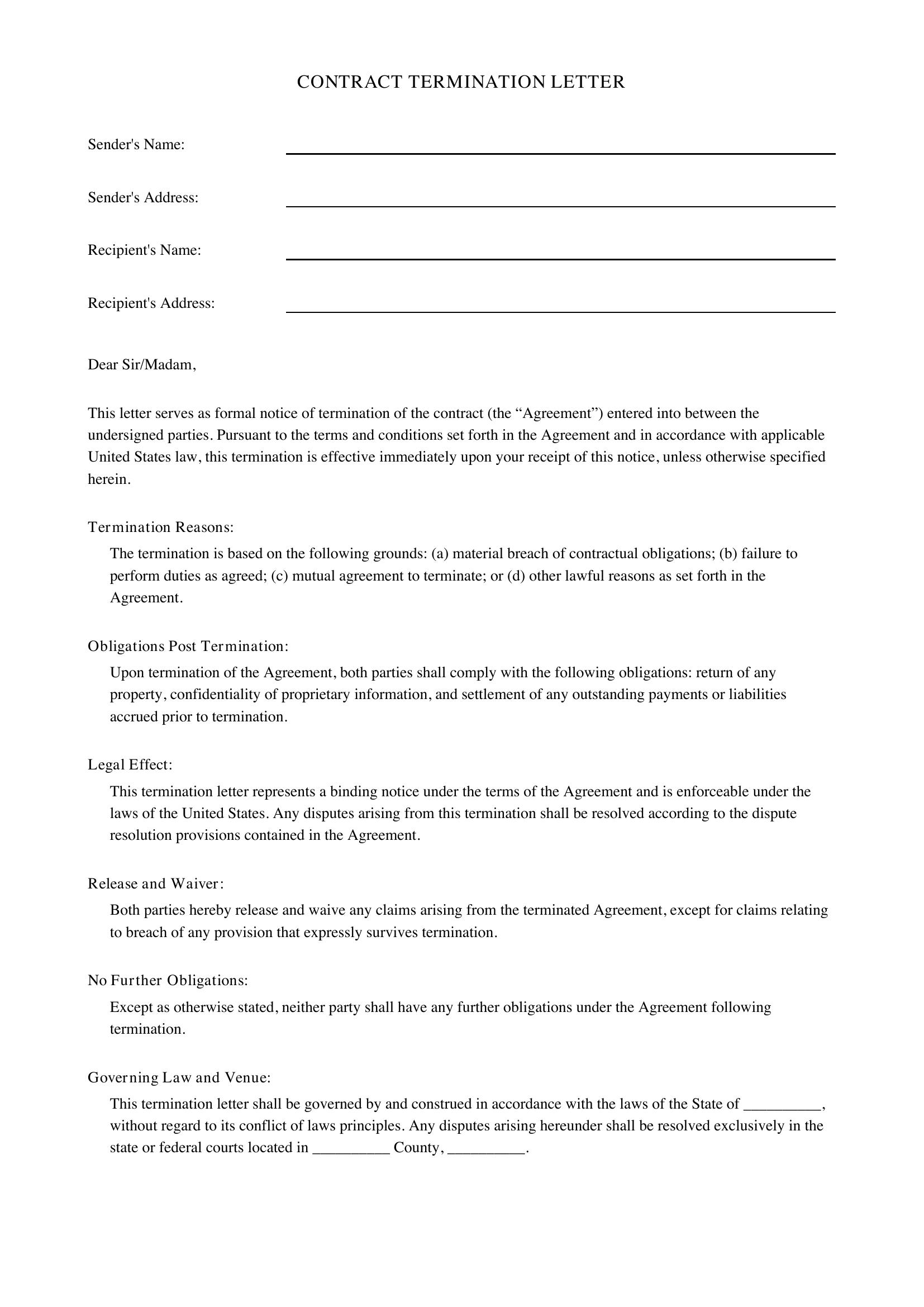 Contract Termination Letter Template - US