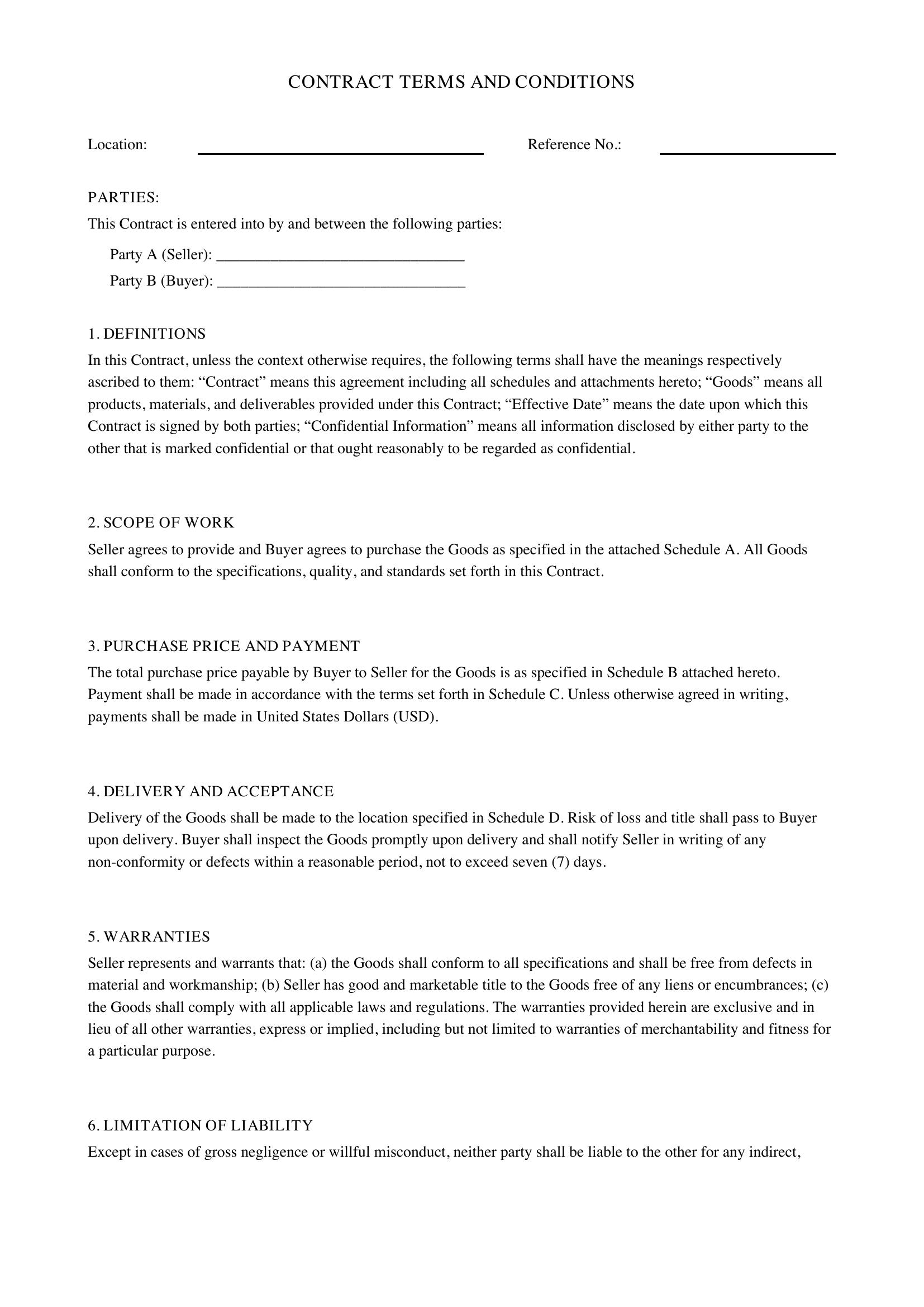 Contract Terms And Conditions Template - US