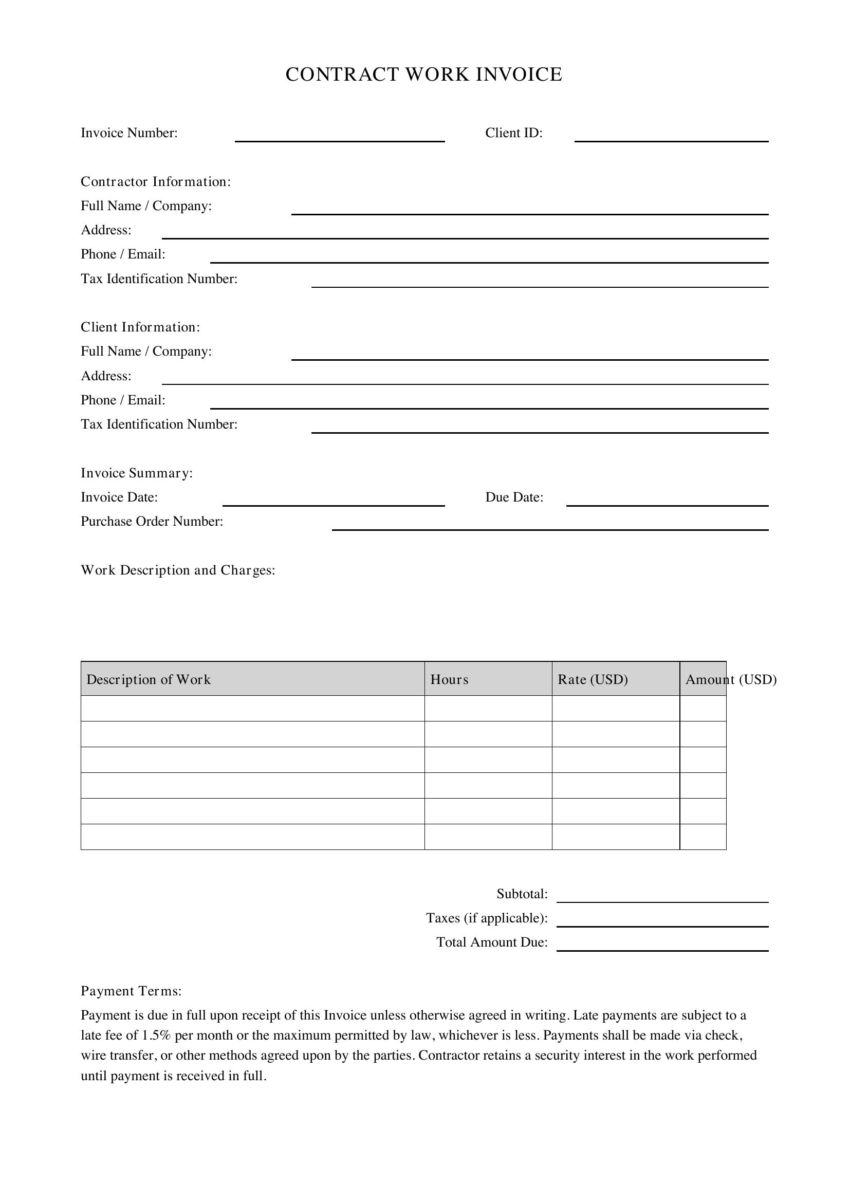 Contract Work Invoice Template - US
