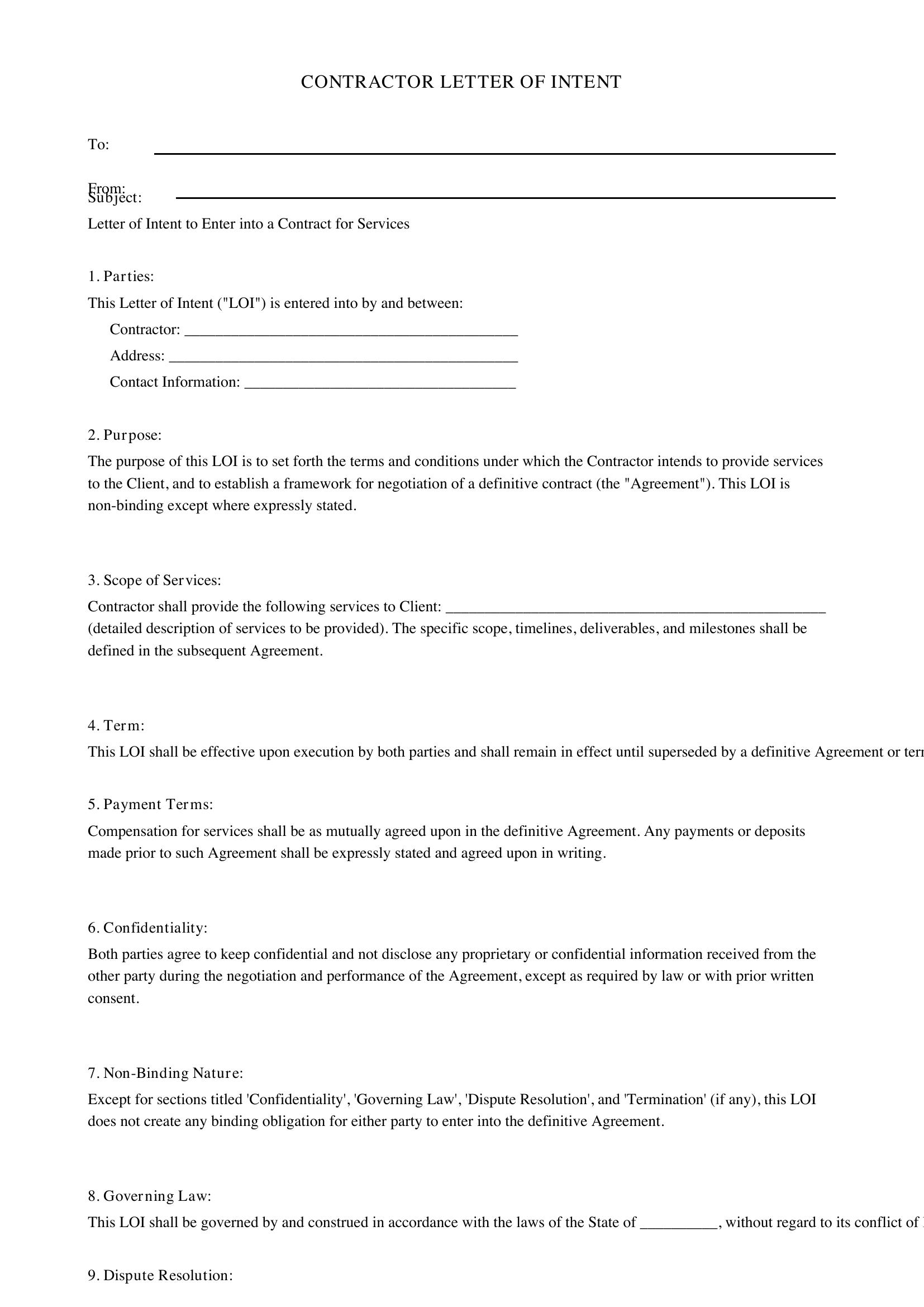 Contractor Letter Of Intent Template - US