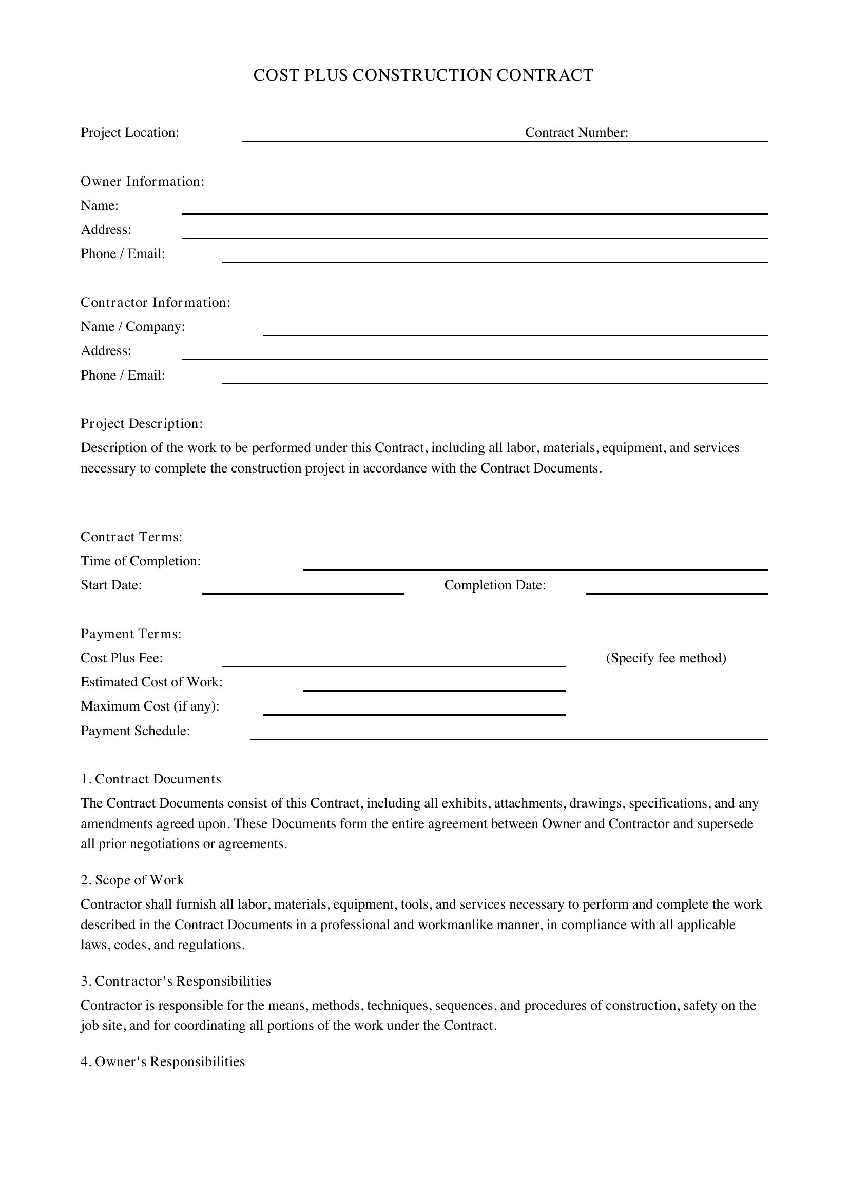 Cost Plus Construction Contract Template - US