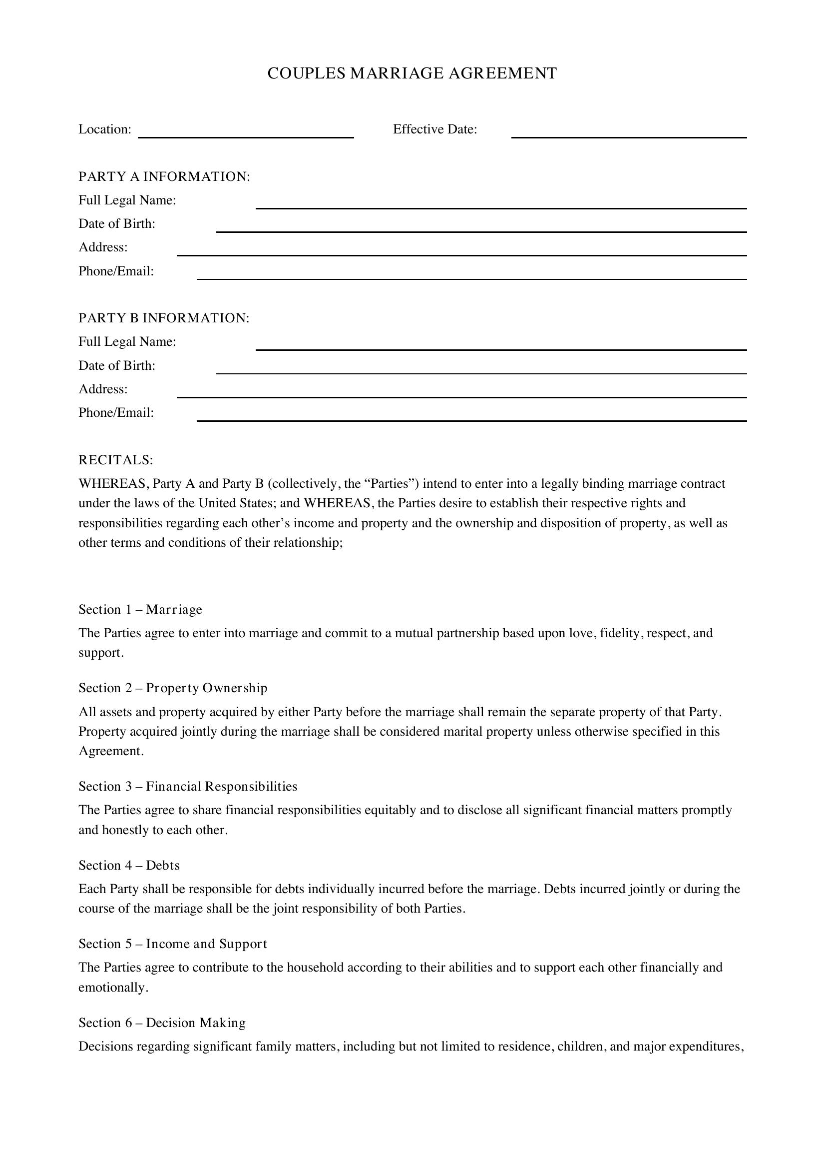 Couples Contract Template - US