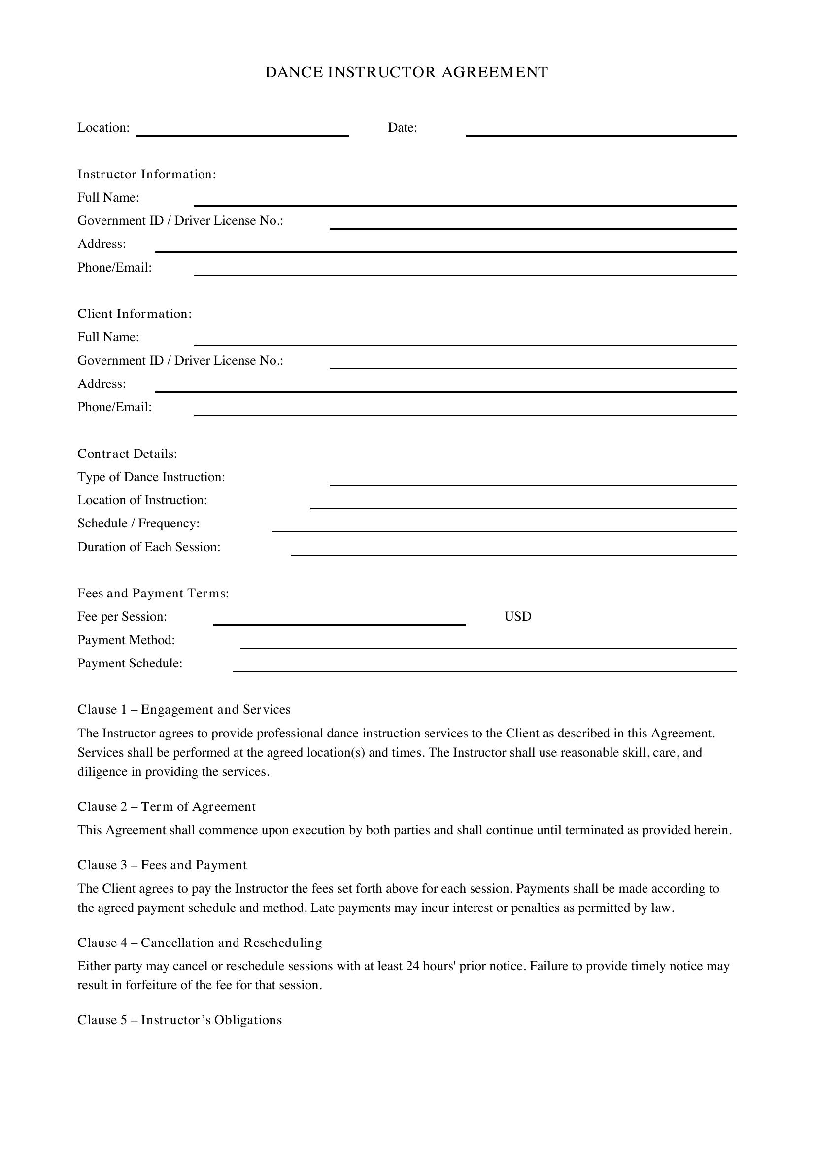 Dance Instructor Contract Template - US