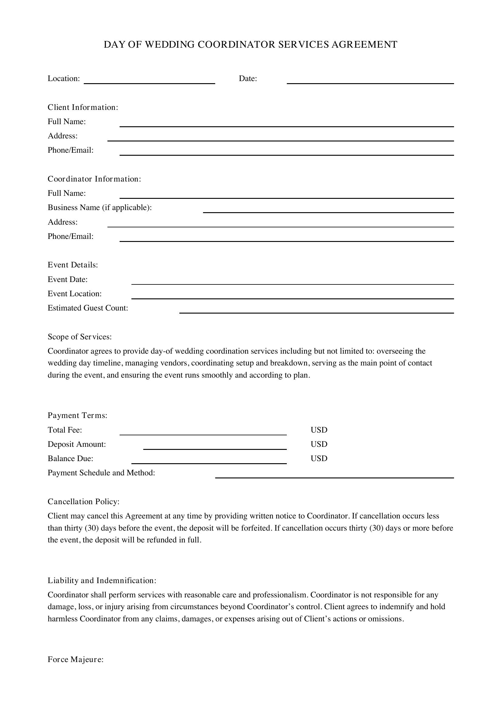 Day Of Wedding Coordinator Contract Template - US
