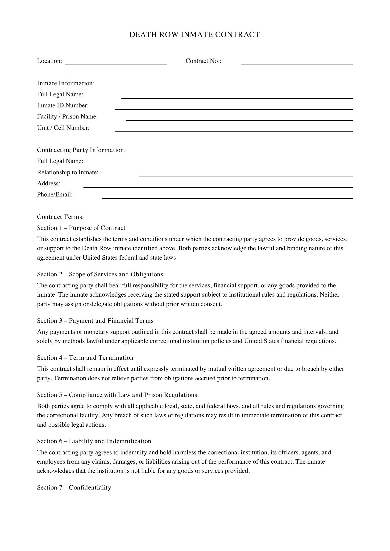 Death Row Contract Template - US