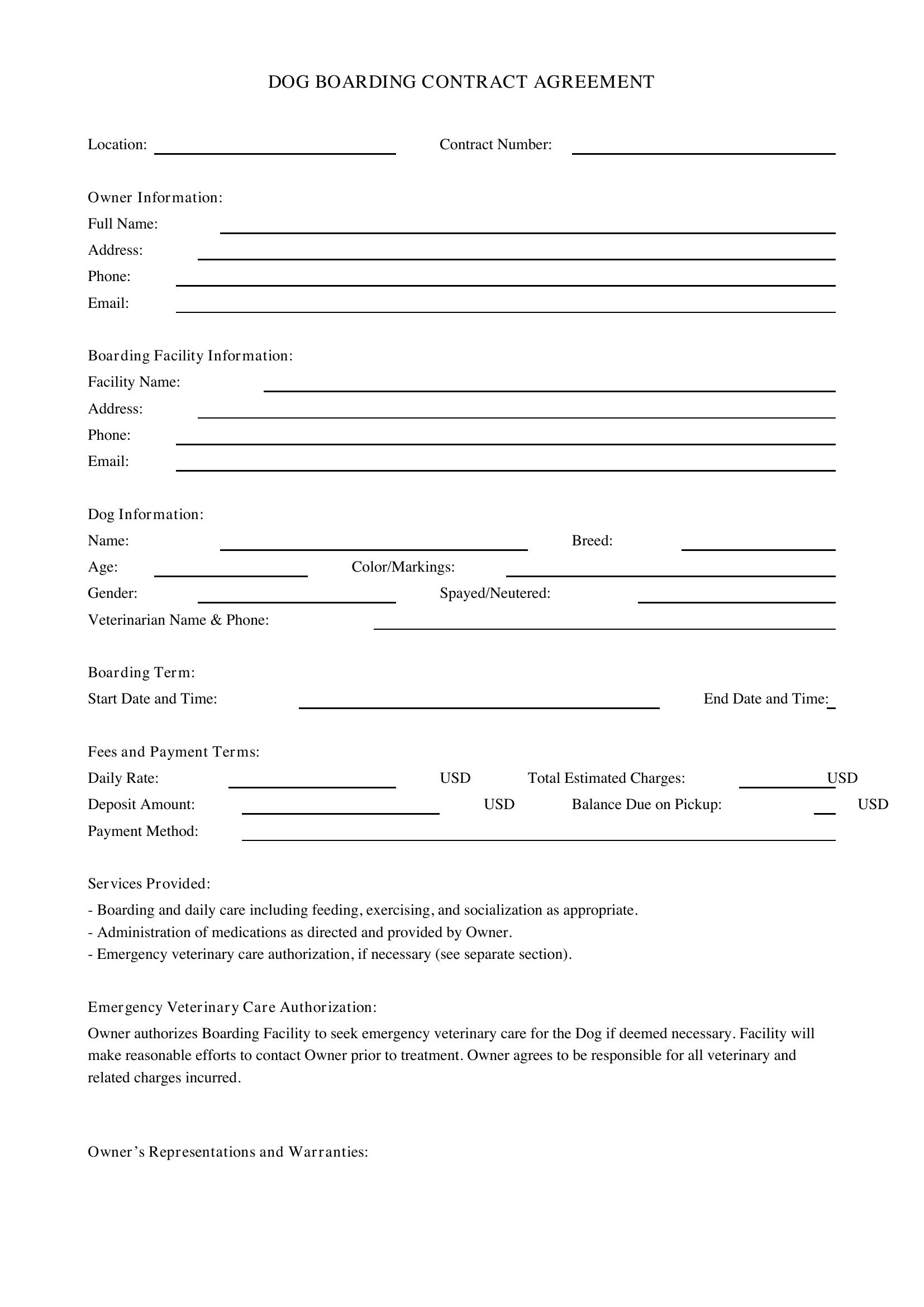 Dog Boarding Contract Template - US