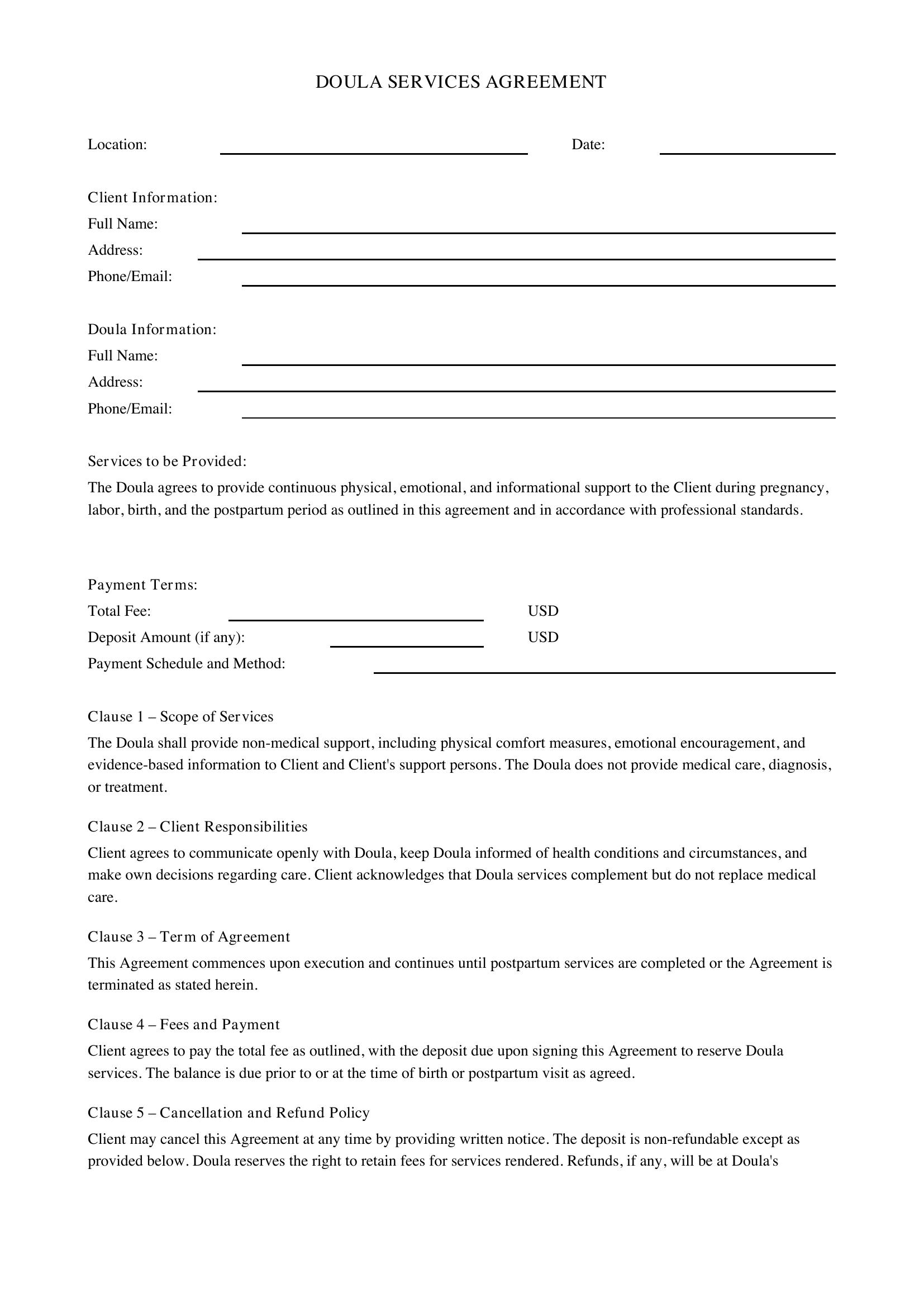 Doula Contract Template - US