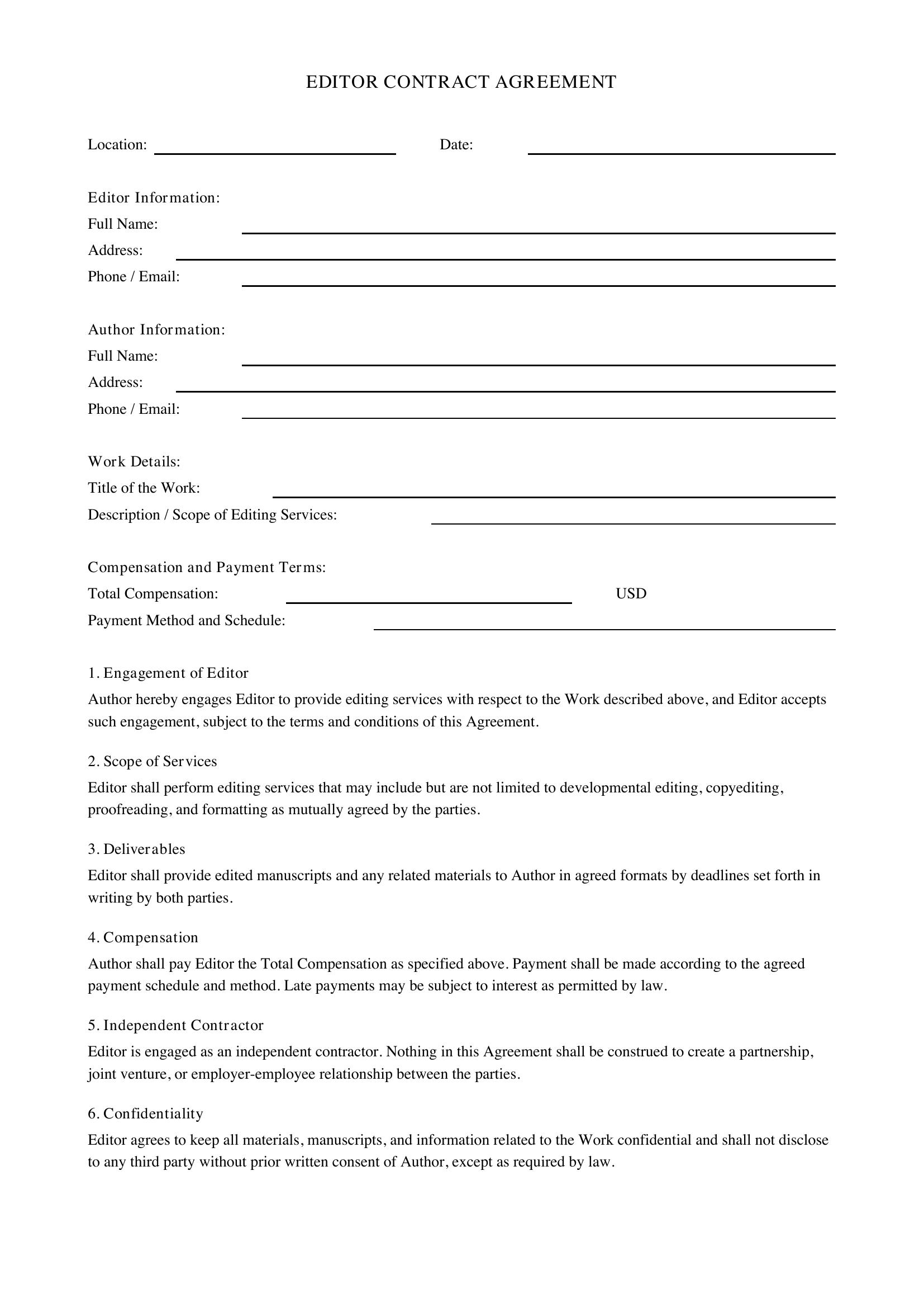 Editor Contract Template - US