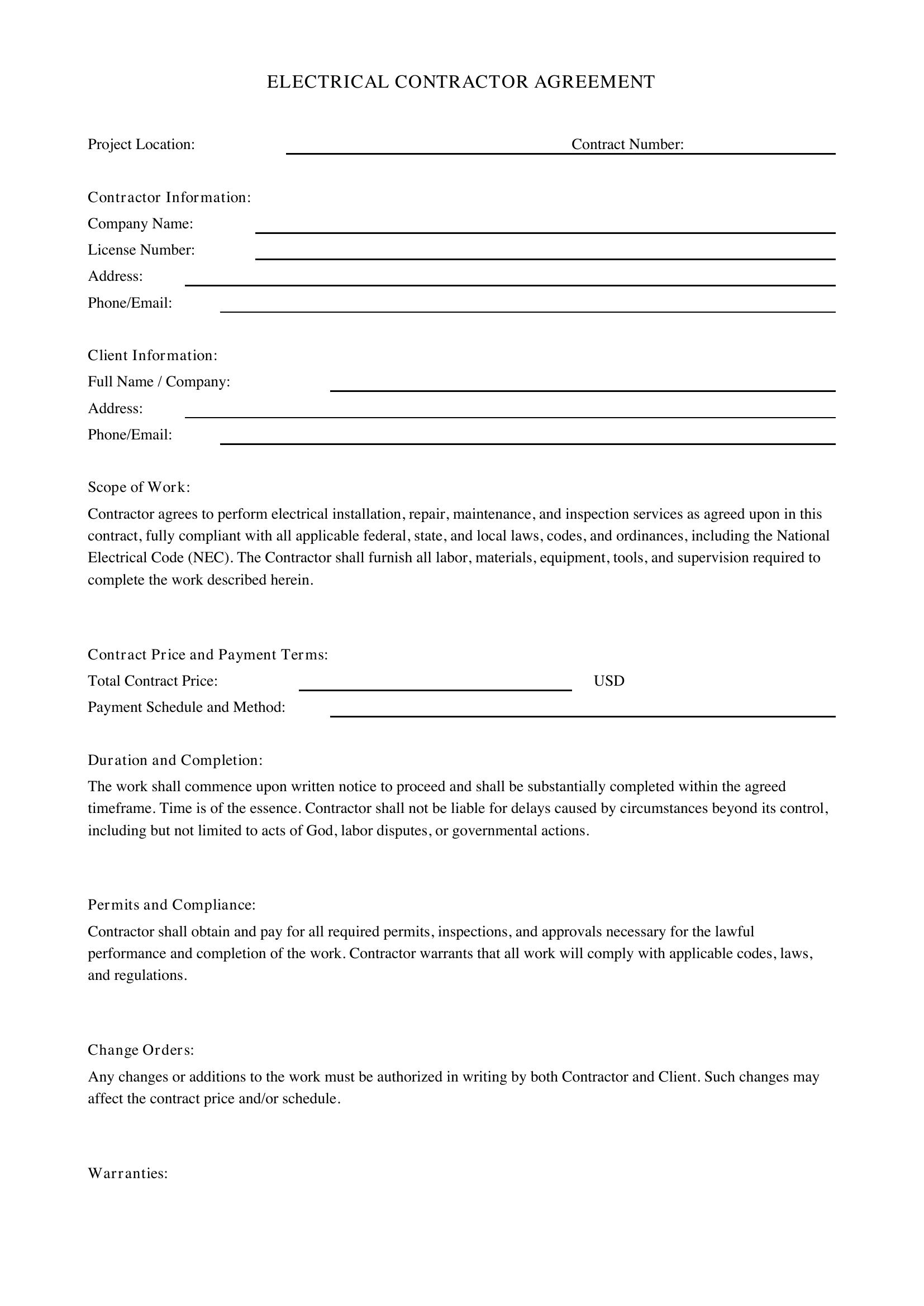 Electrical Contractor Contract Template - US